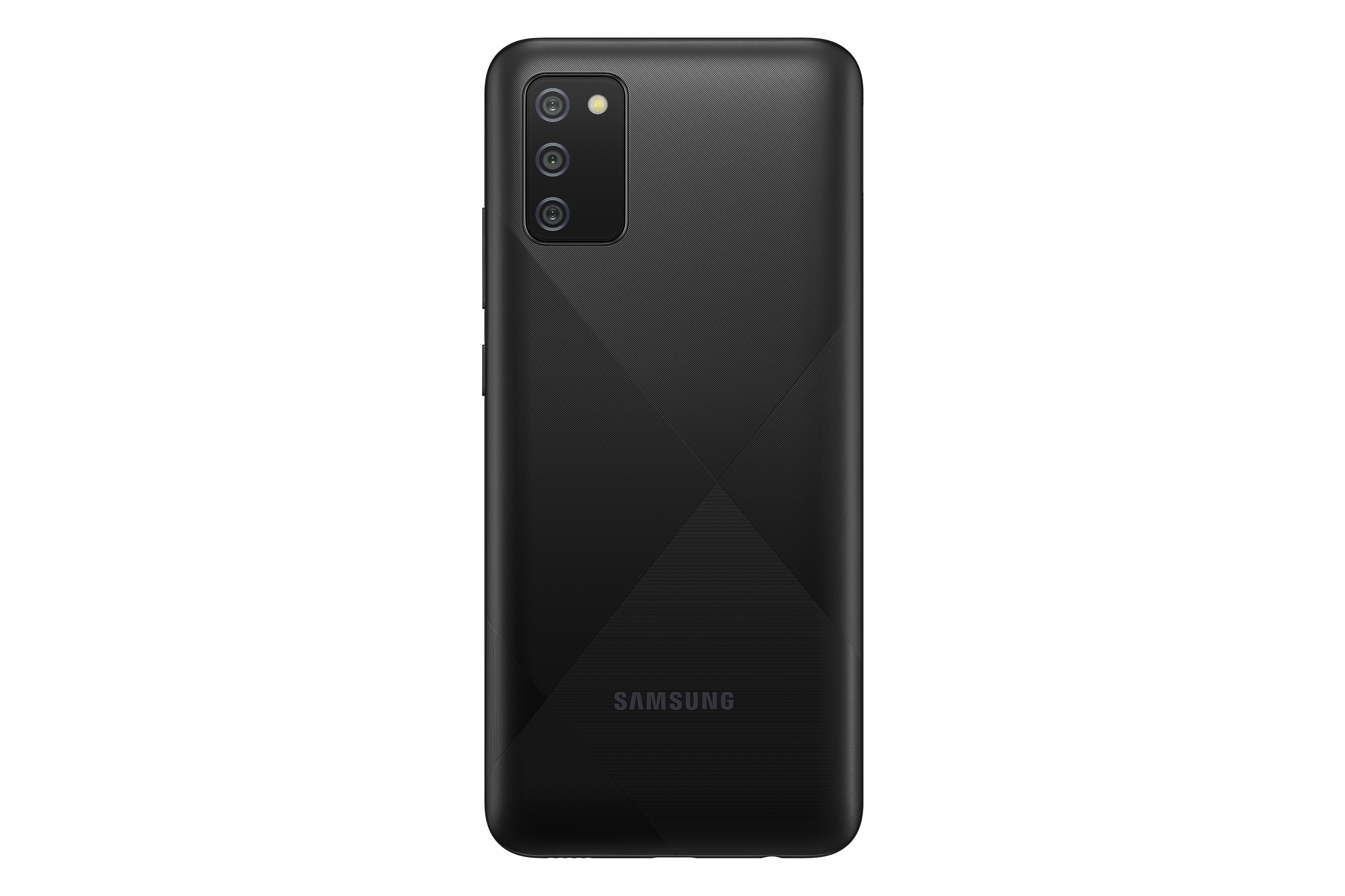 Retro telefono nero con tre fotocamere e logo Samsung, motivo geometrico.