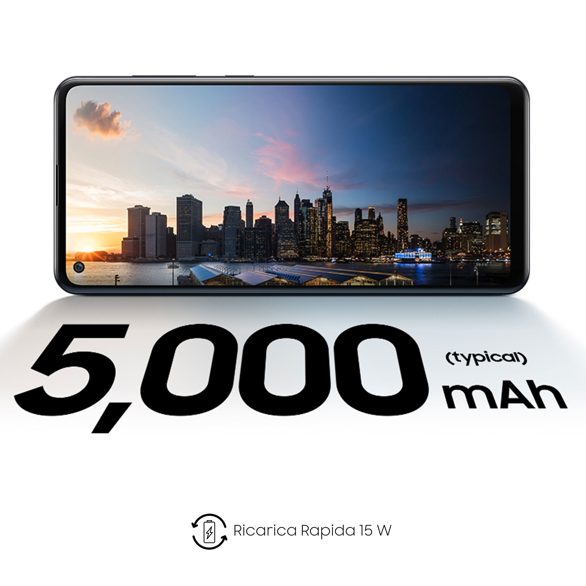 Lo schermo del telefono mostra lo skyline al tramonto con grande testo '5.000 mAh'.