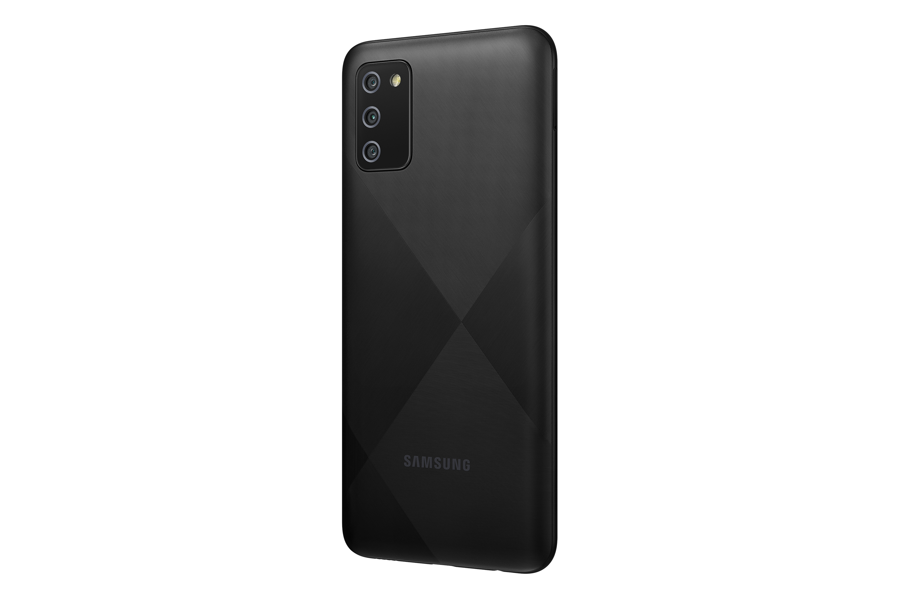 Retro del telefono nero con tre fotocamere e logo Samsung. Il retro ha un motivo a diamante.