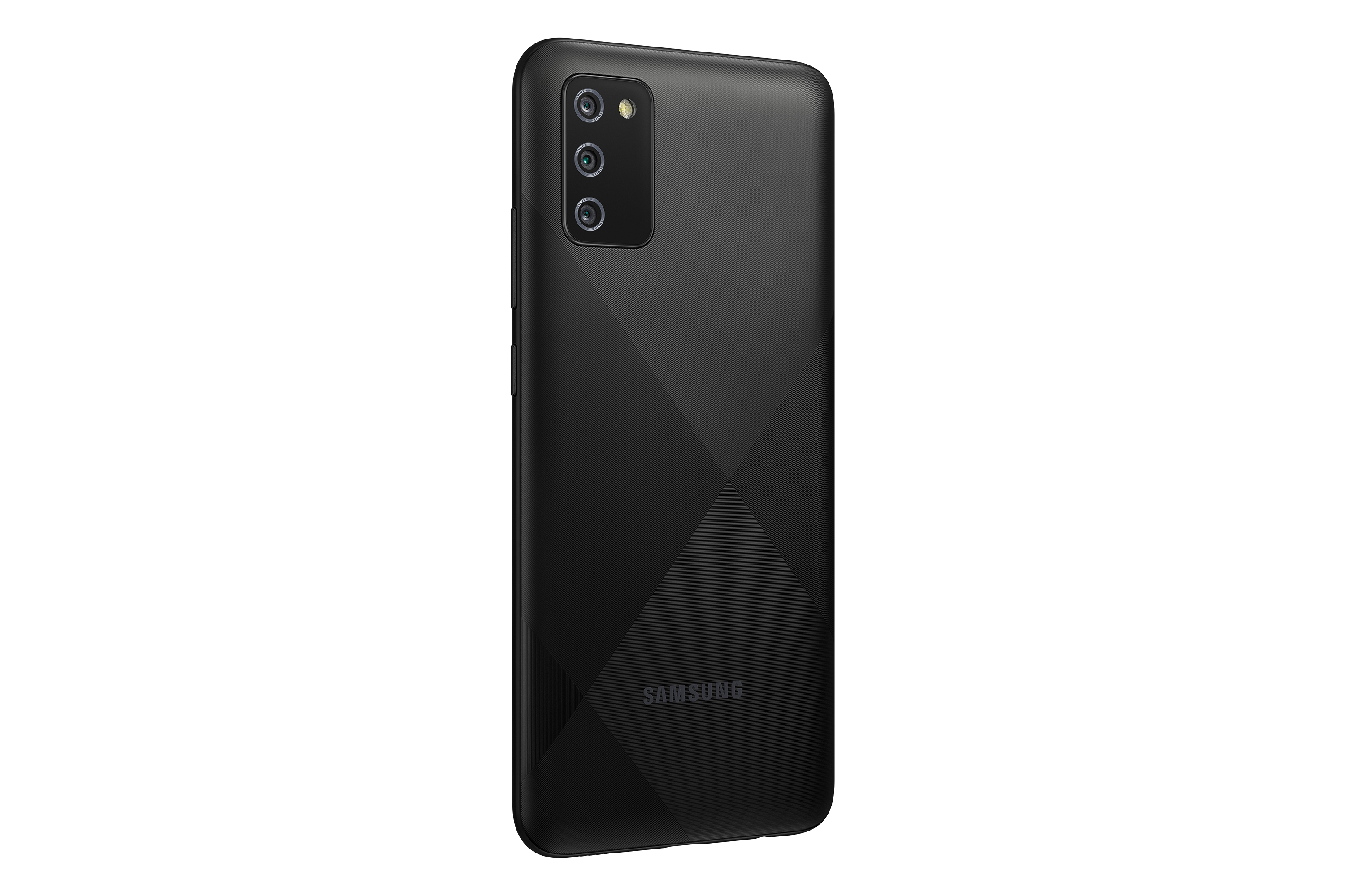 Vista posteriore di uno smartphone nero. Il retro presenta un motivo geometrico e una fotocamera a tre lenti.