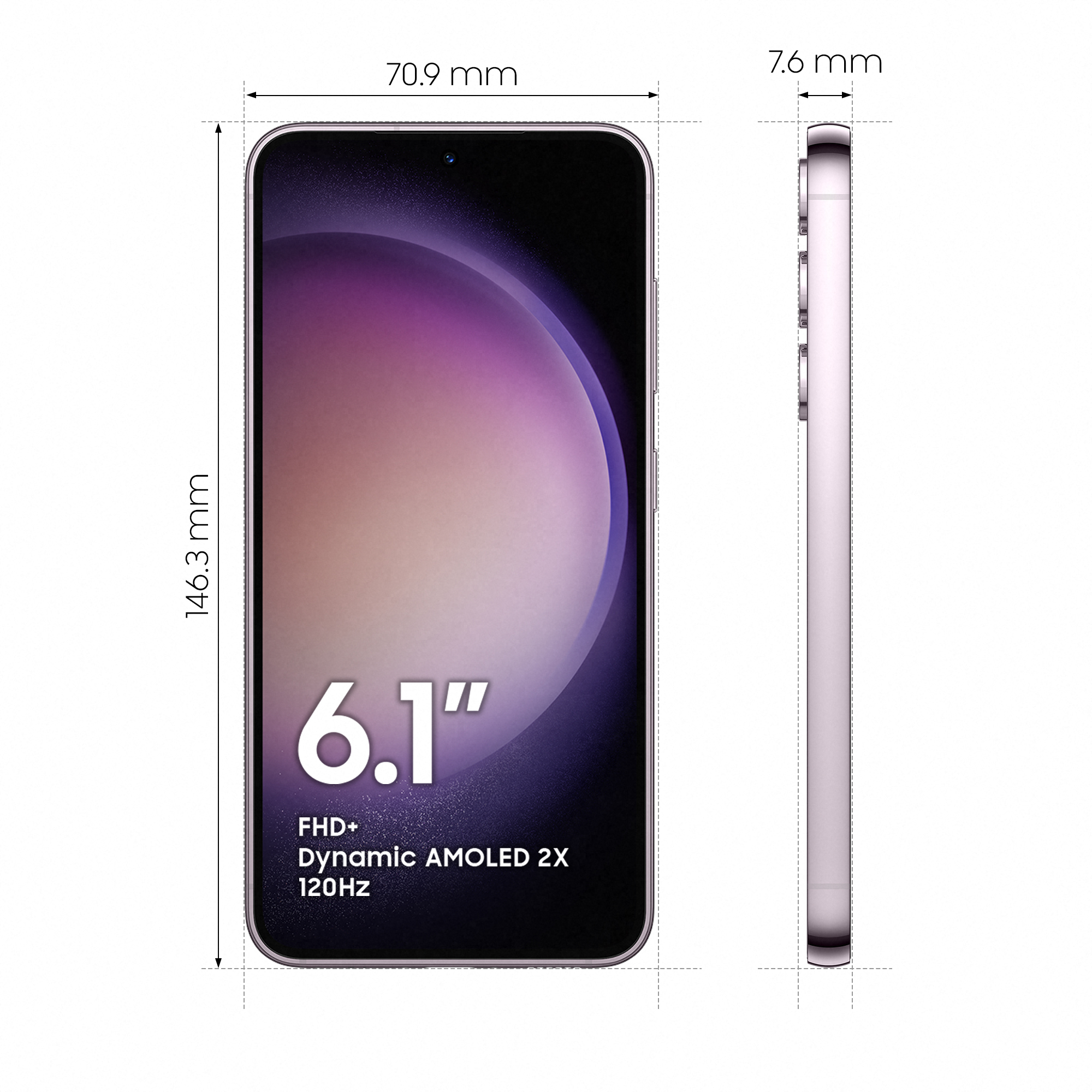 Un teléfono Samsung Galaxy rosa con pantalla de 6.1", medidas y texto sobre blanco.
