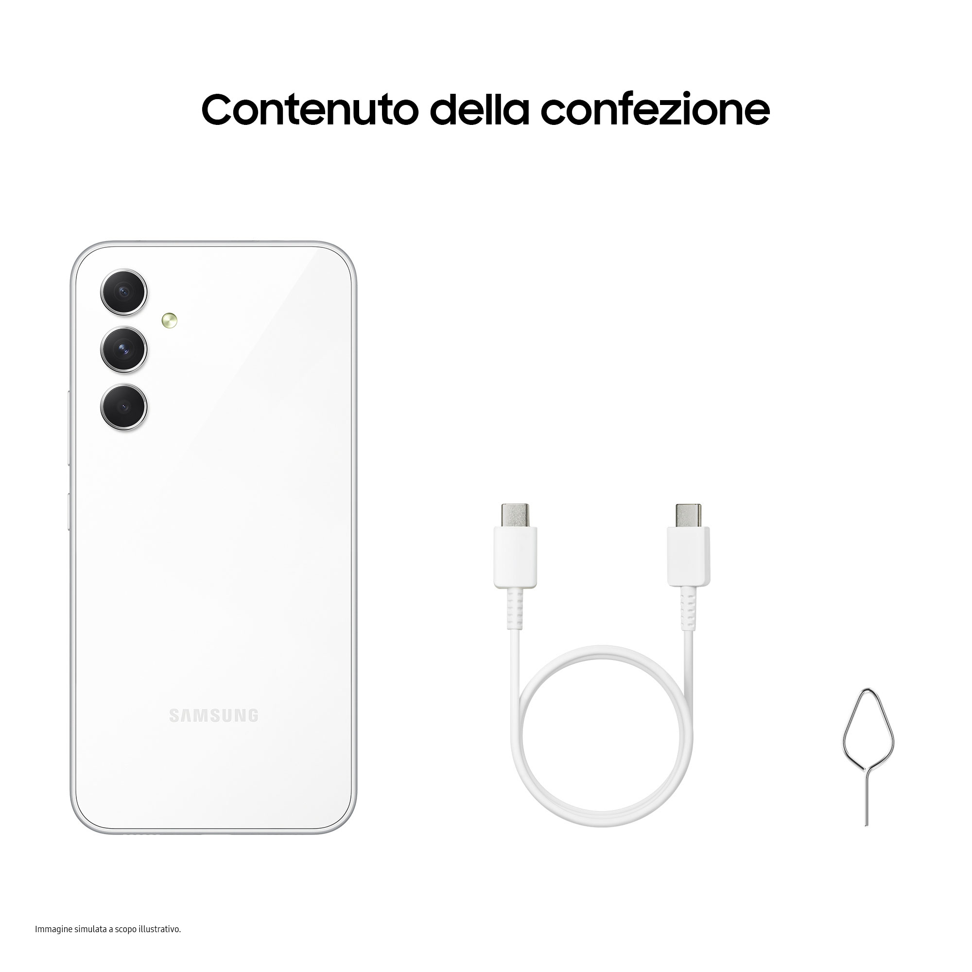 Zawartość pudełka telefonu Samsung: telefon, kabel, narzędzie do wysuwania karty SIM.