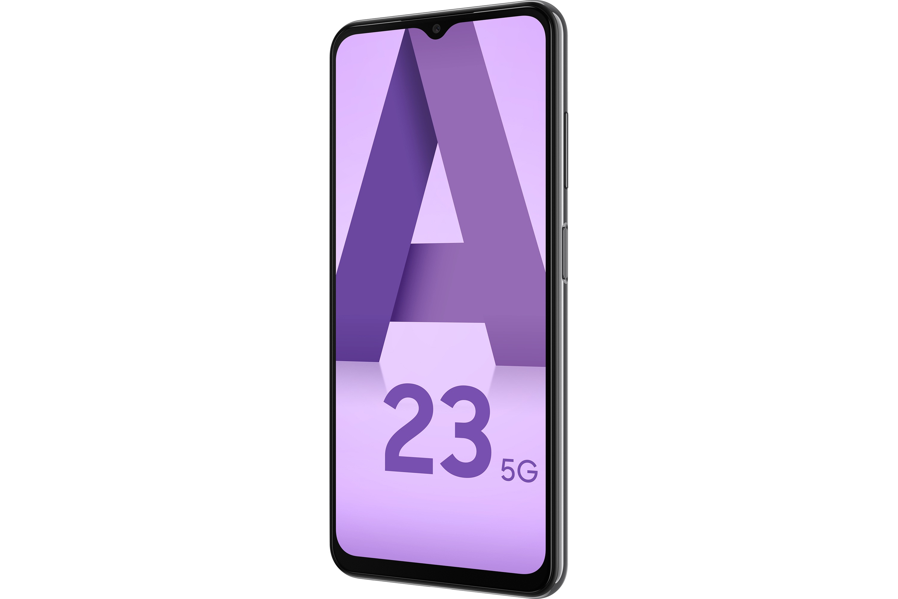 Fioletowy telefon z tekstem "A23 5G" na białym tle.
