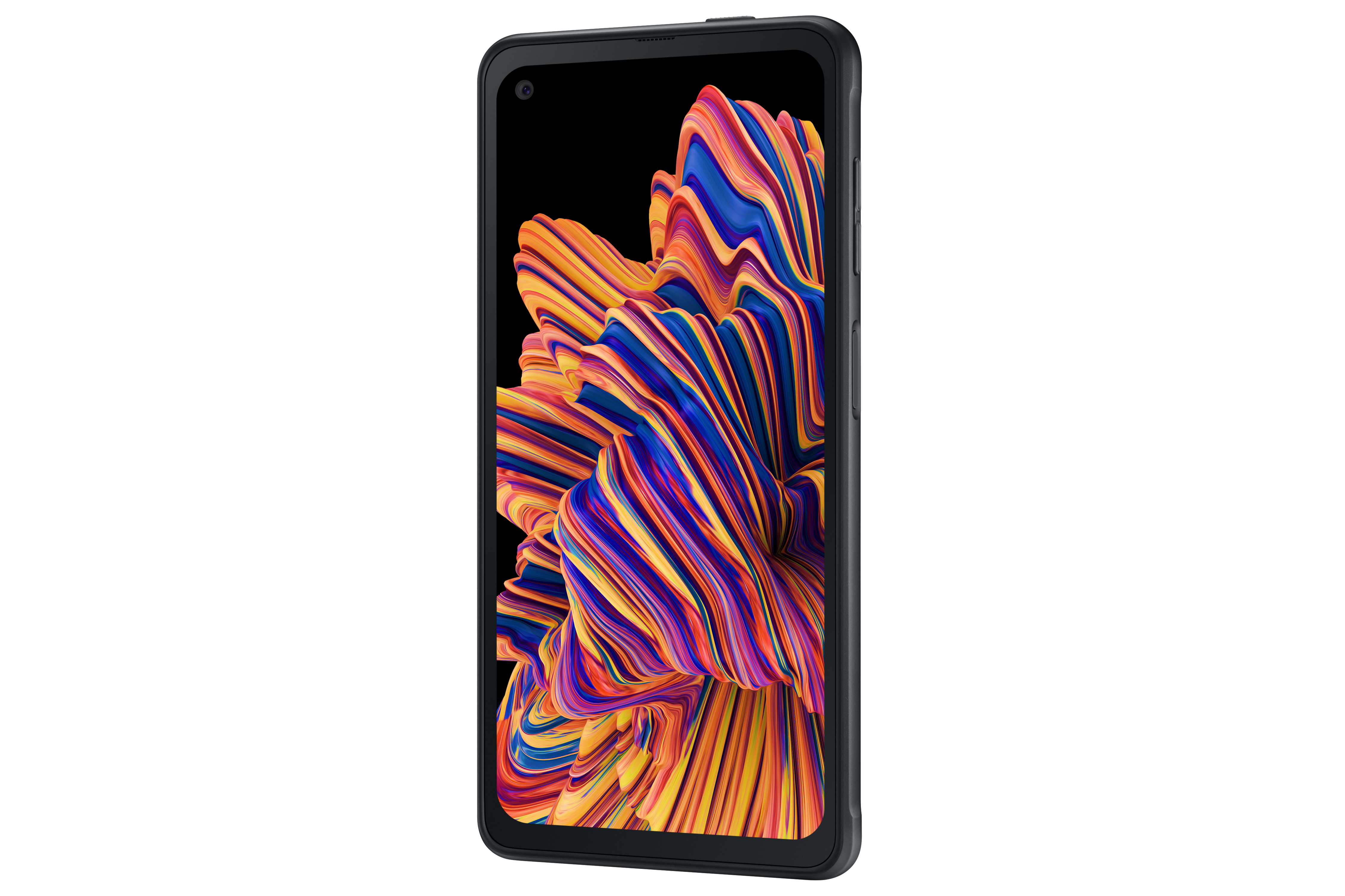Uno smartphone nero con un display astratto e colorato. È su uno sfondo bianco.