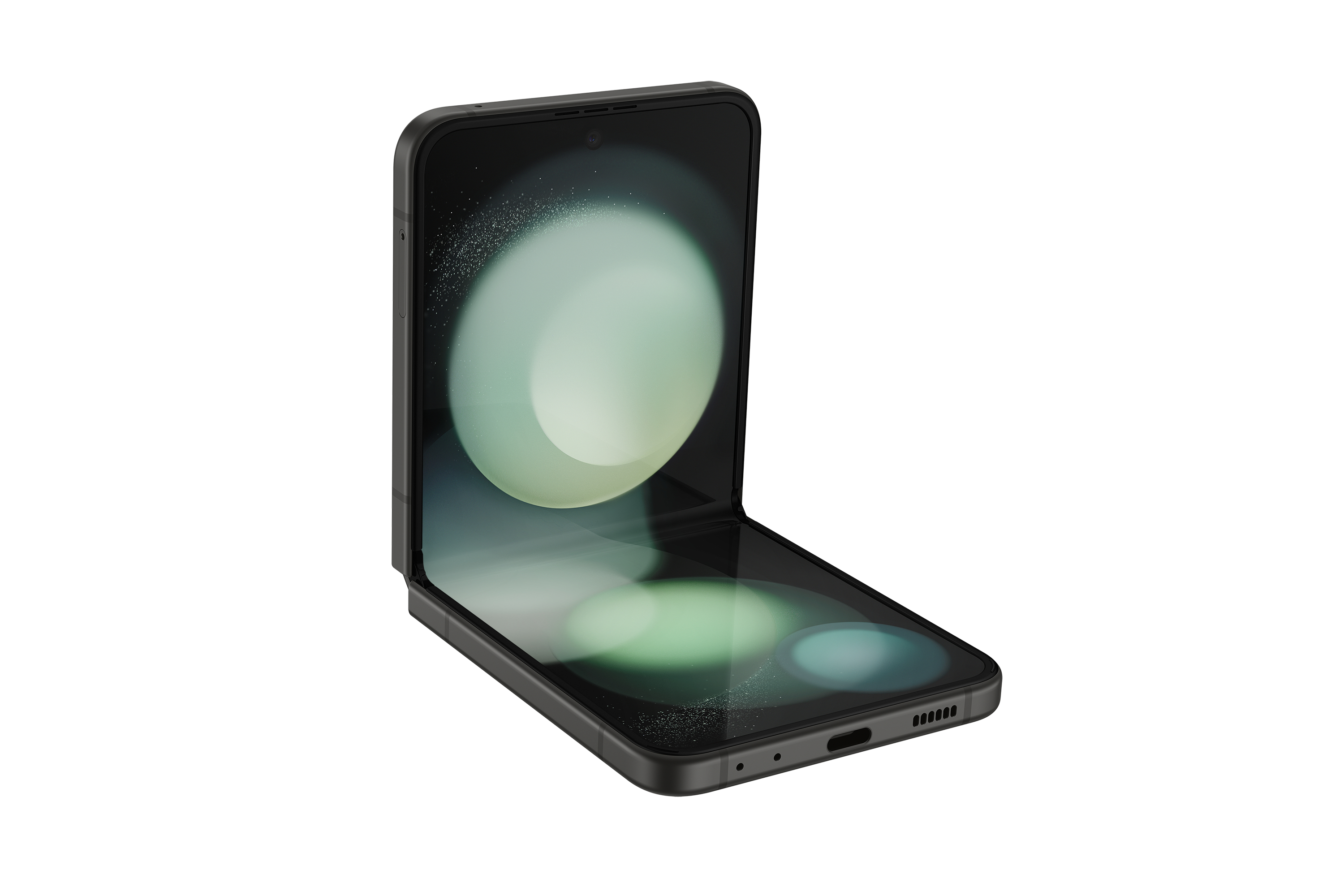 Składany telefon, częściowo otwarty. Wyświetla ekran z abstrakcyjną grafiką.