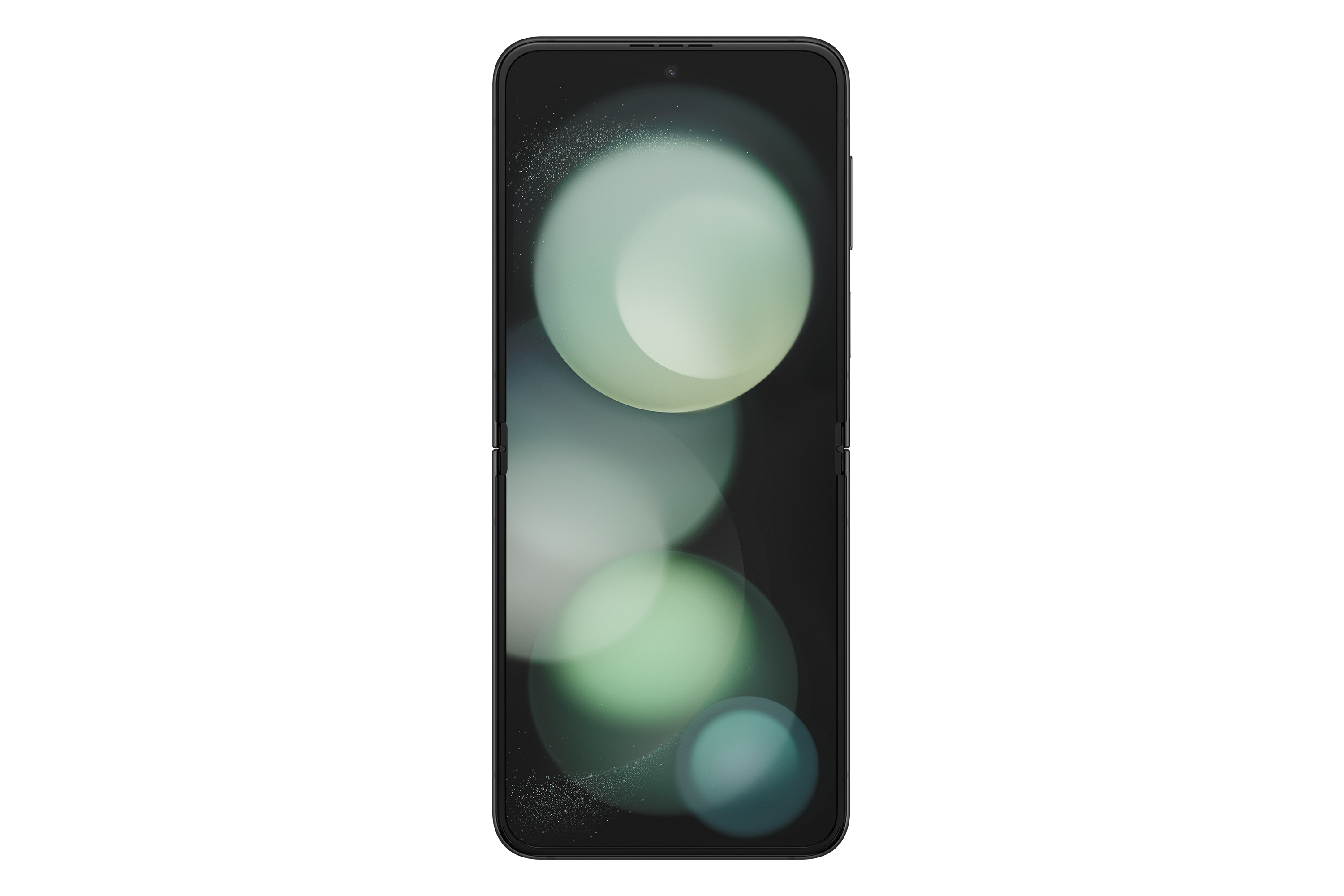 Czarny smartfon z rozmytym zielono-białym wzorem. Ciemne tło.