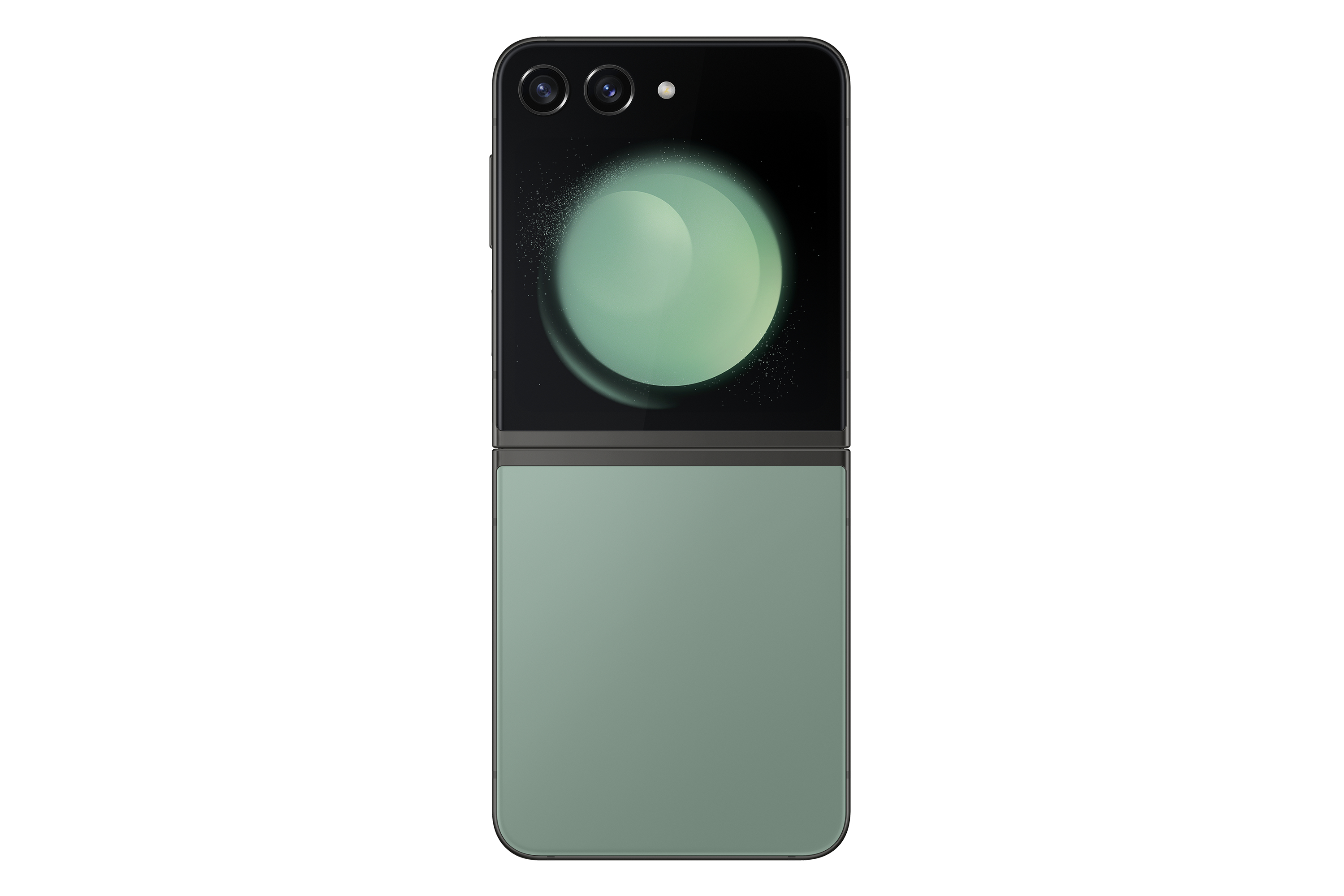 Składany telefon, zamknięty. Górna część czarna z aparatami. Dół zielony. Białe tło.
