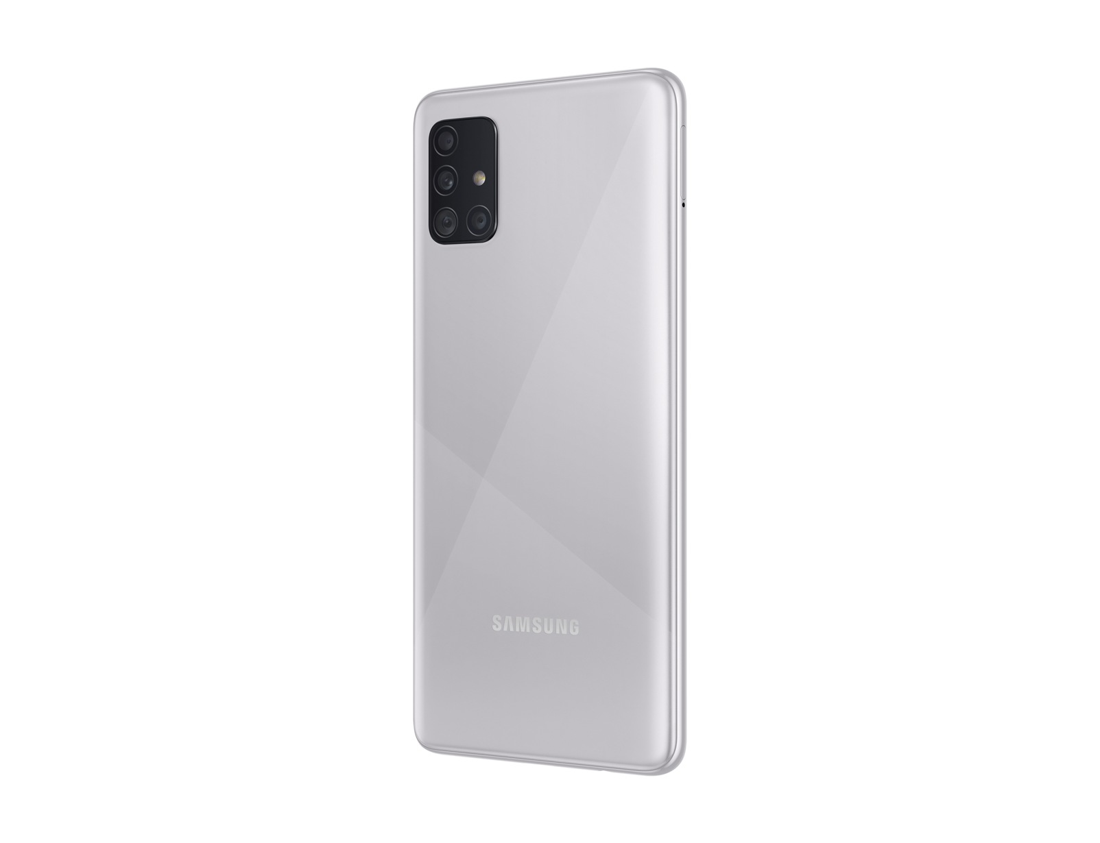 Tył srebrnego telefonu z wieloma aparatami. Logo Samsung na dole. Czysta, odblaskowa powierzchnia.