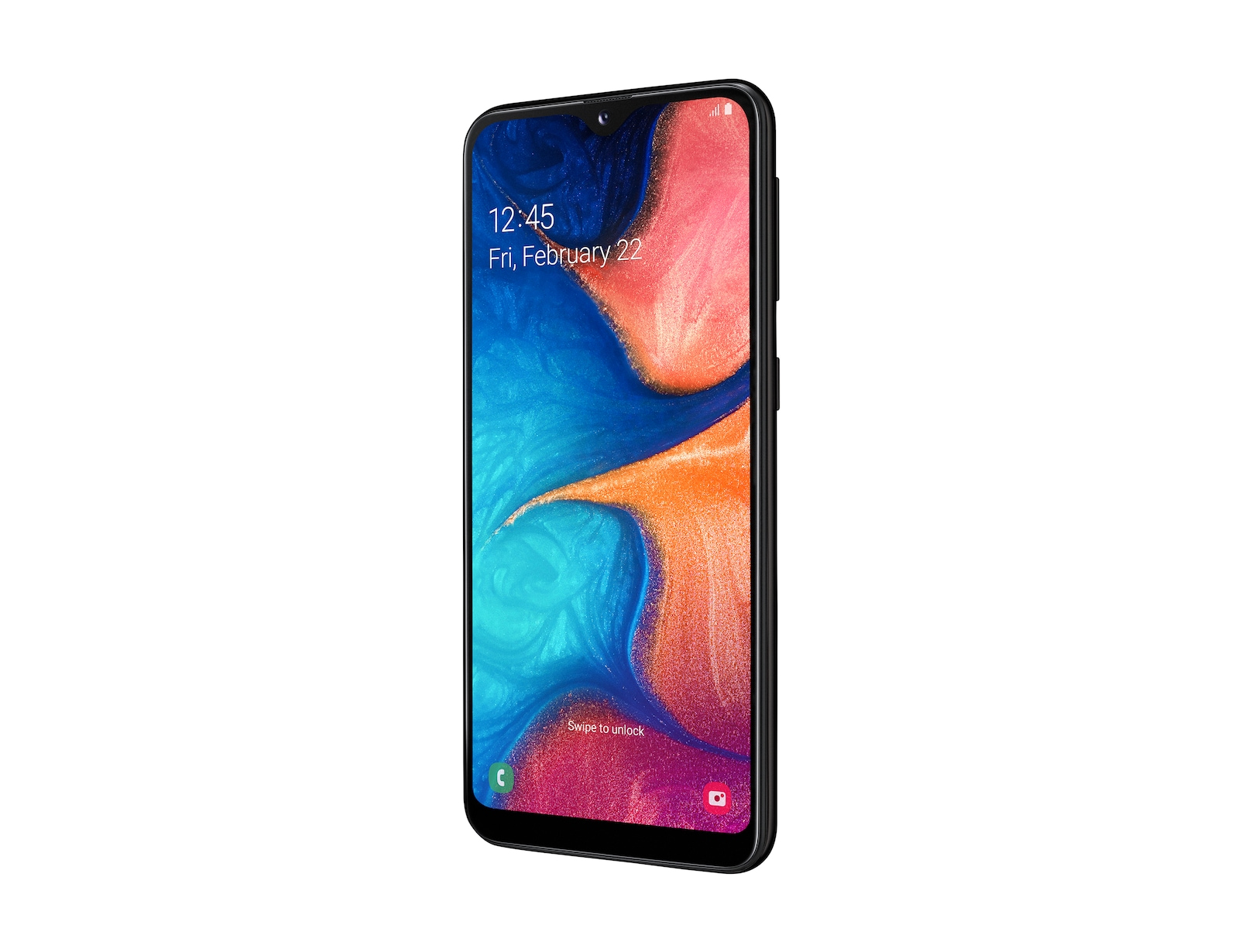 Czarny telefon Samsung, ekran wyświetla godzinę i kolorowe, abstrakcyjne tło.