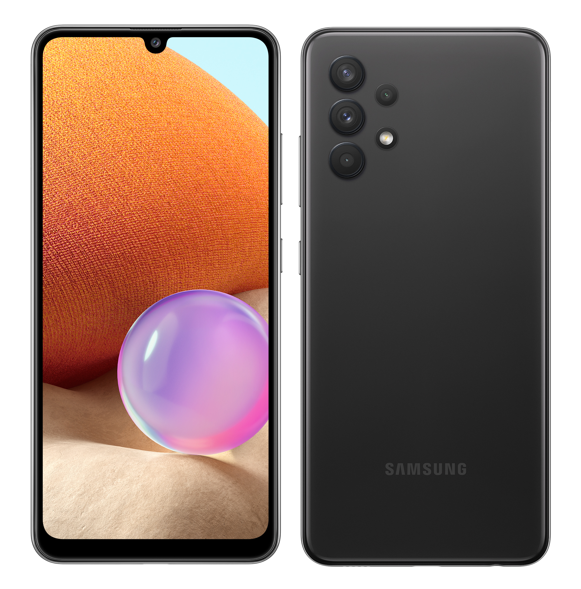 Teléfono Samsung negro, frontal y trasero. Pantalla muestra diseño naranja y morado.