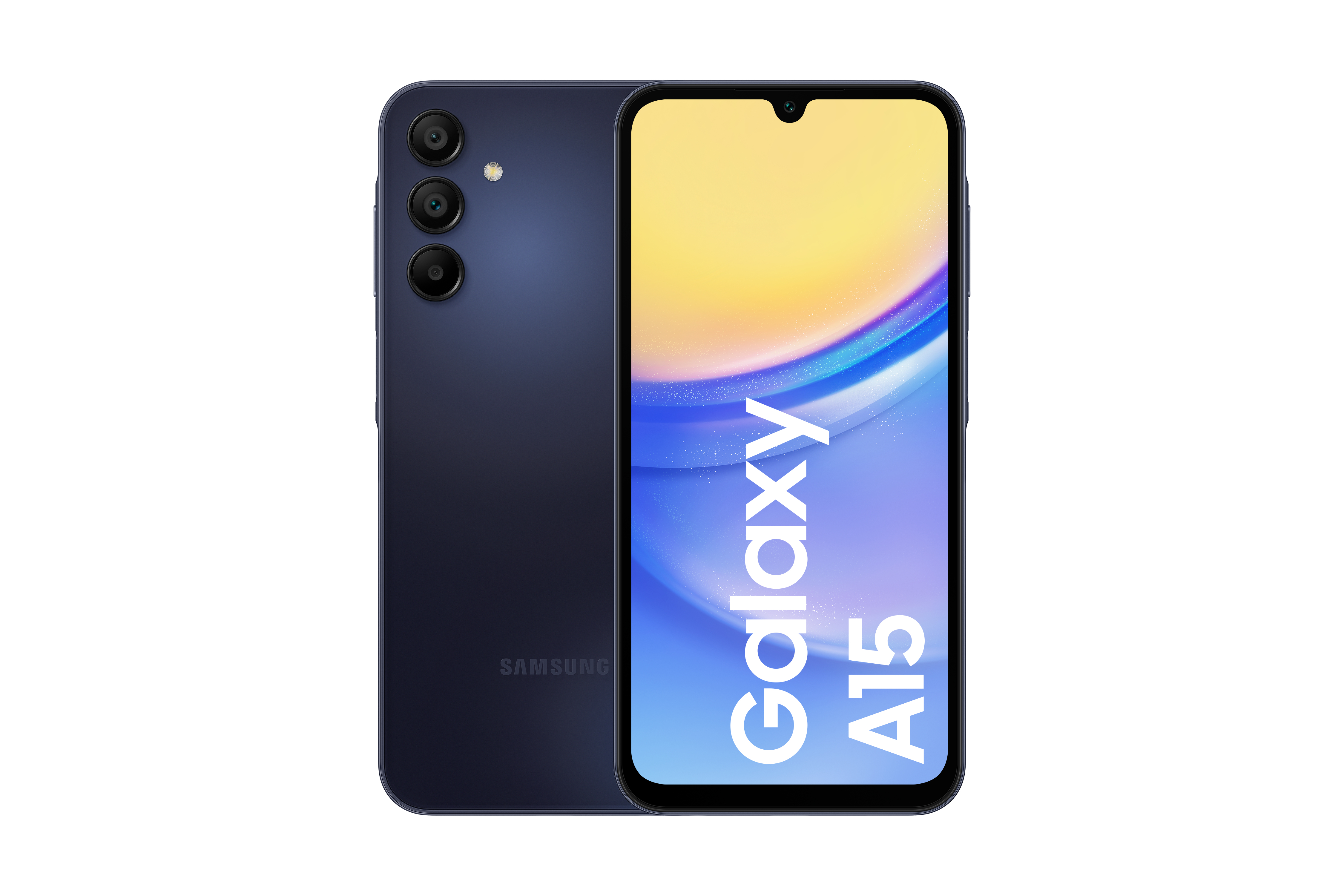 Mavi Samsung Galaxy A15 telefon, üç kameralı ve ekranda Galaxy A15 yazısı.