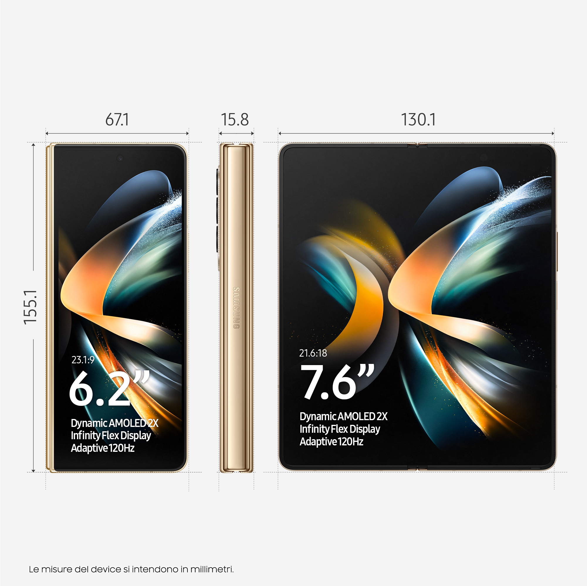 Faltbares, goldenes Smartphone, das die Vorder- und Seitenansicht mit Abmessungen in mm zeigt.