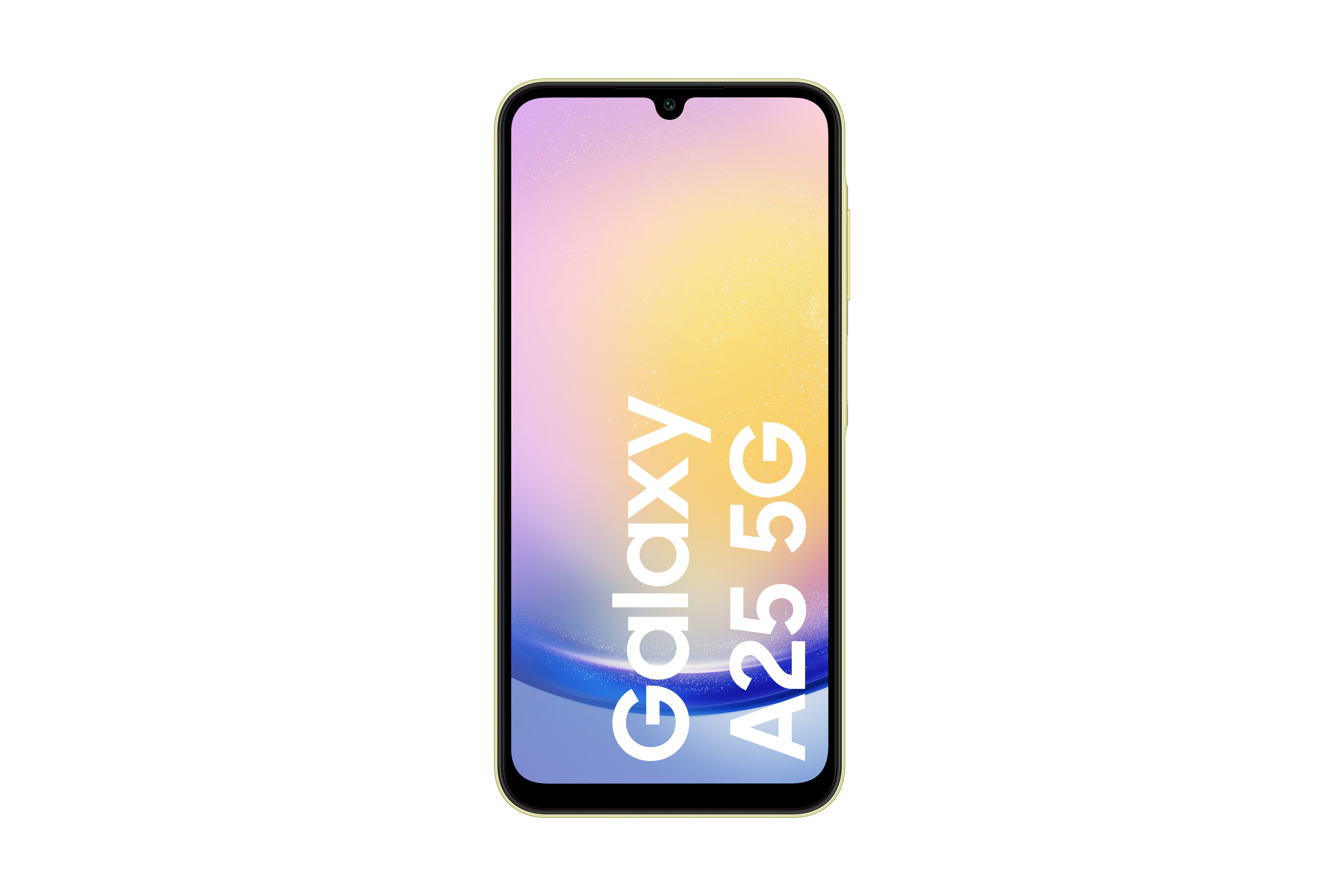Samsung Galaxy A25 5G Smartphone, gelber Rahmen, mit einem Farbverlauf-Bildschirm.