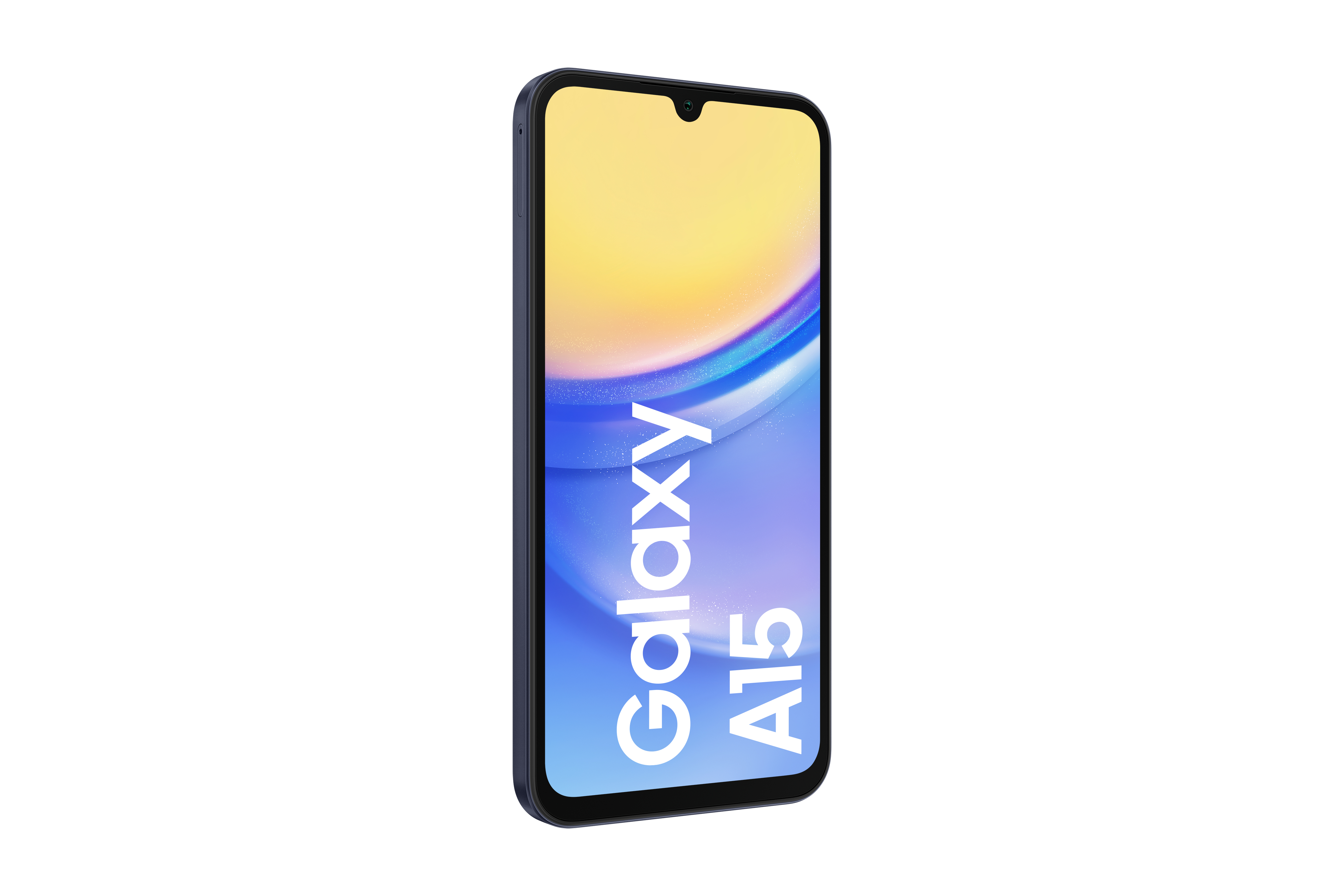 Ein blaues Smartphone mit 'Galaxy A15' auf dem Bildschirm. Das Telefon ist angewinkelt.