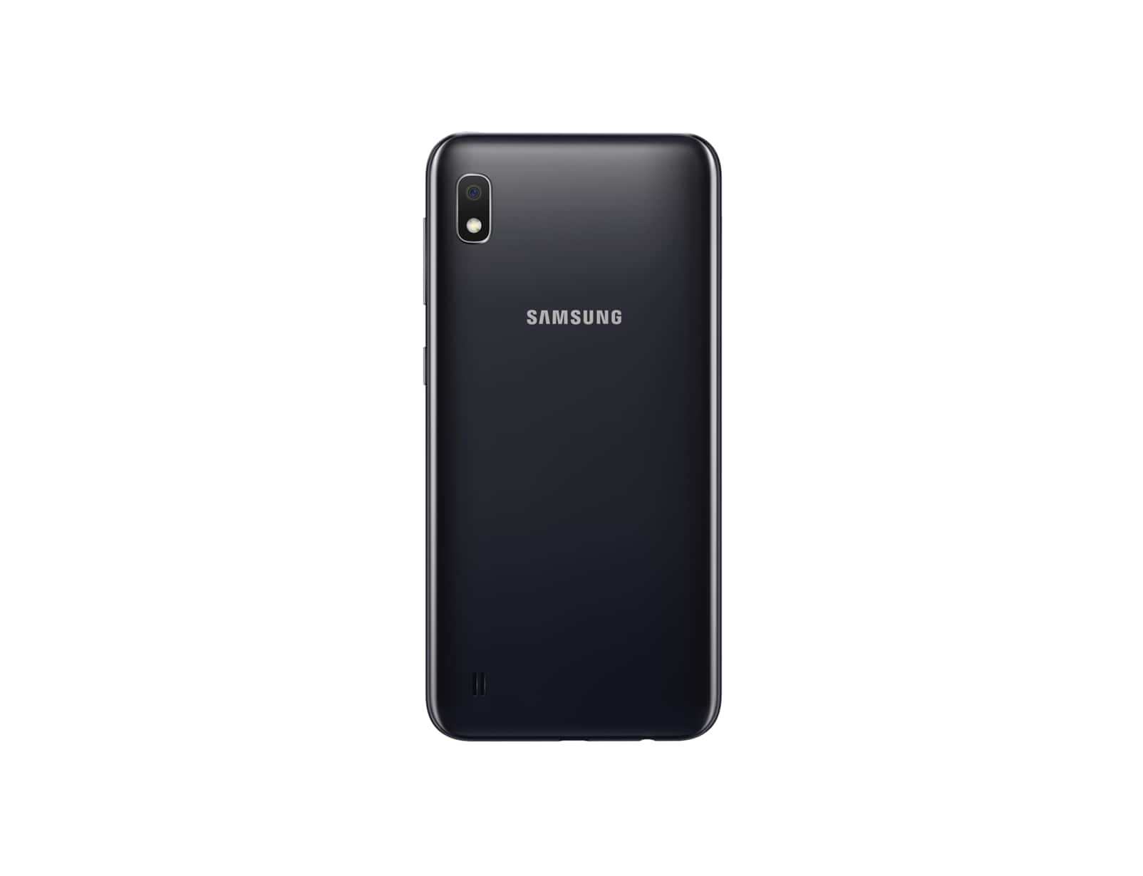 Un teléfono inteligente negro con cámara y flash en la parte trasera. La parte trasera es lisa con el nombre de la marca.