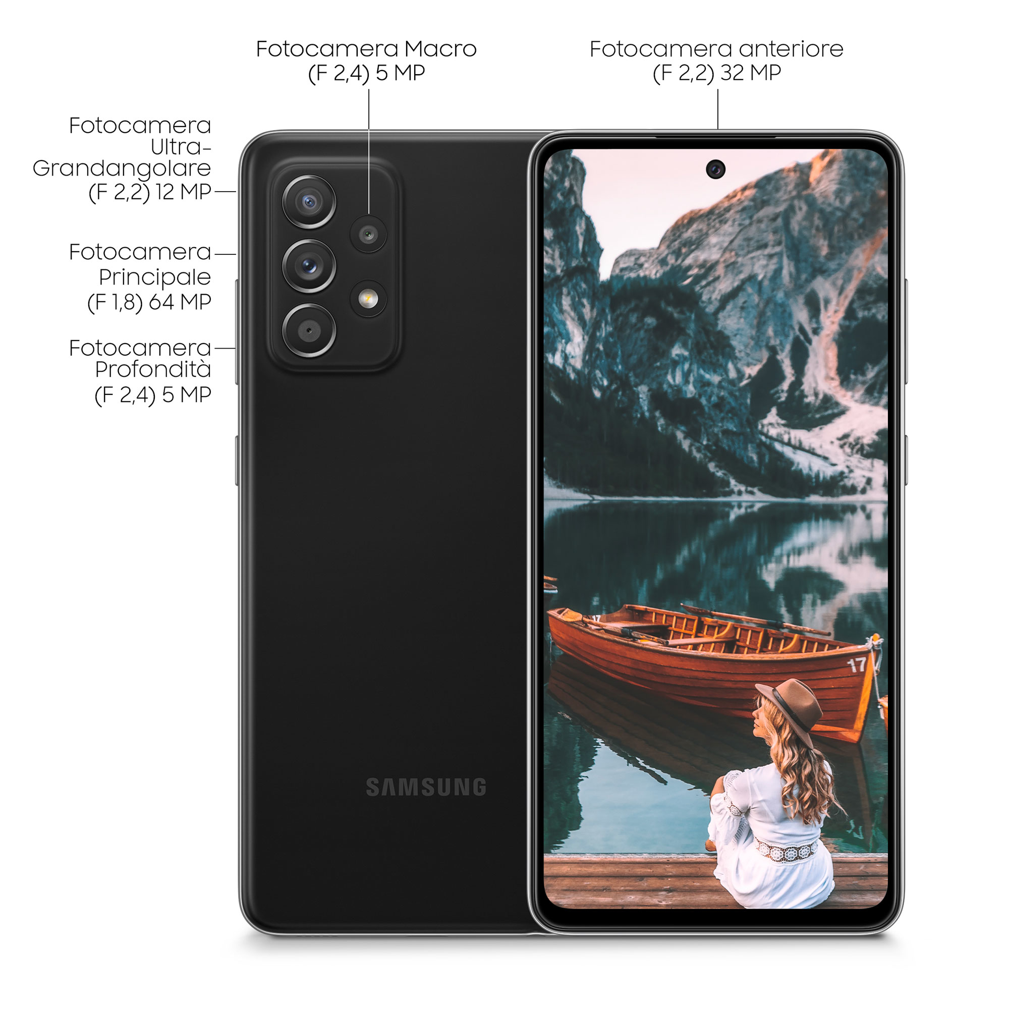 Smartphone Samsung nero, viste anteriore e posteriore. Retro mostra dettagli della fotocamera. Display con scena lacustre.