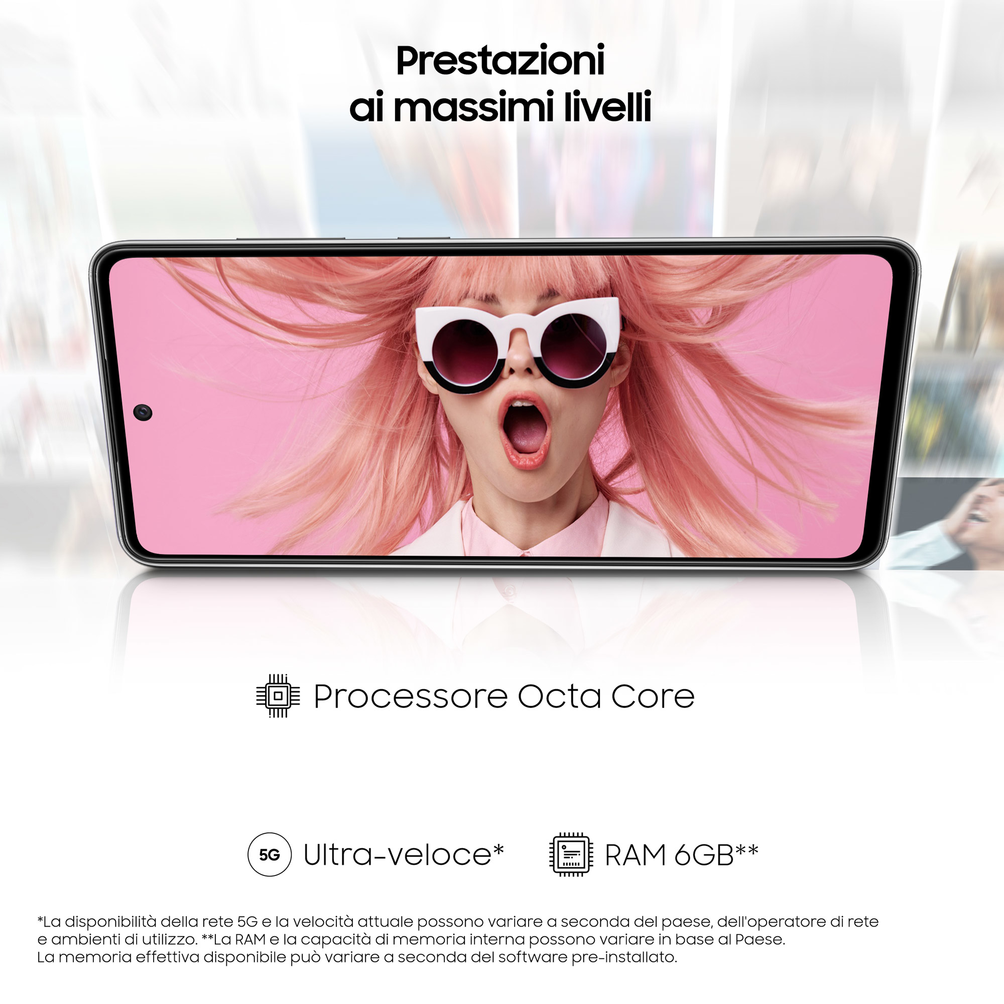 Schermo dello smartphone con una donna con i capelli rosa che indossa occhiali da sole. Testo: Processore Octa Core, 6 GB RAM.