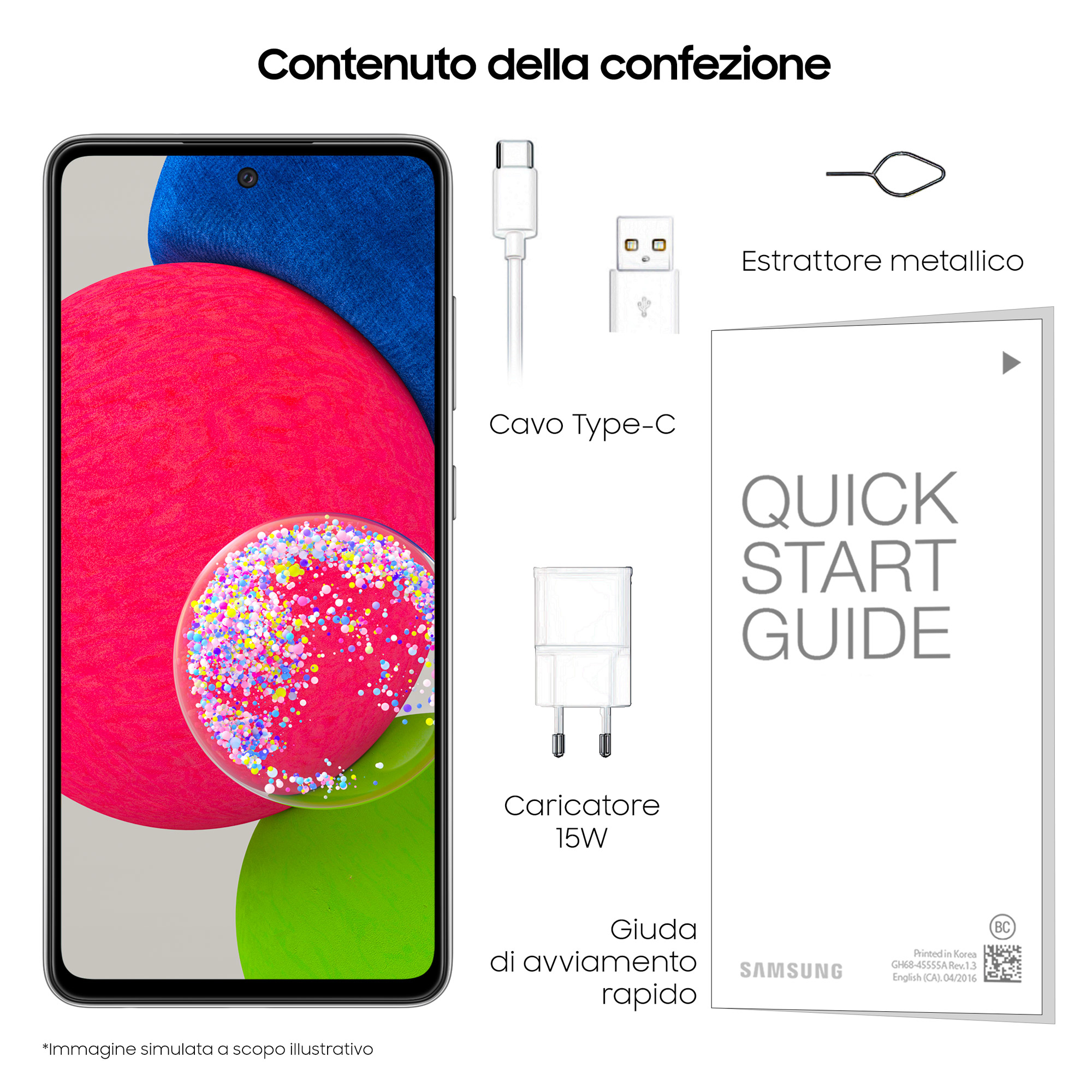Contenuto della scatola del telefono: telefono, cavo, caricabatterie, estrattore metallico, guida rapida.