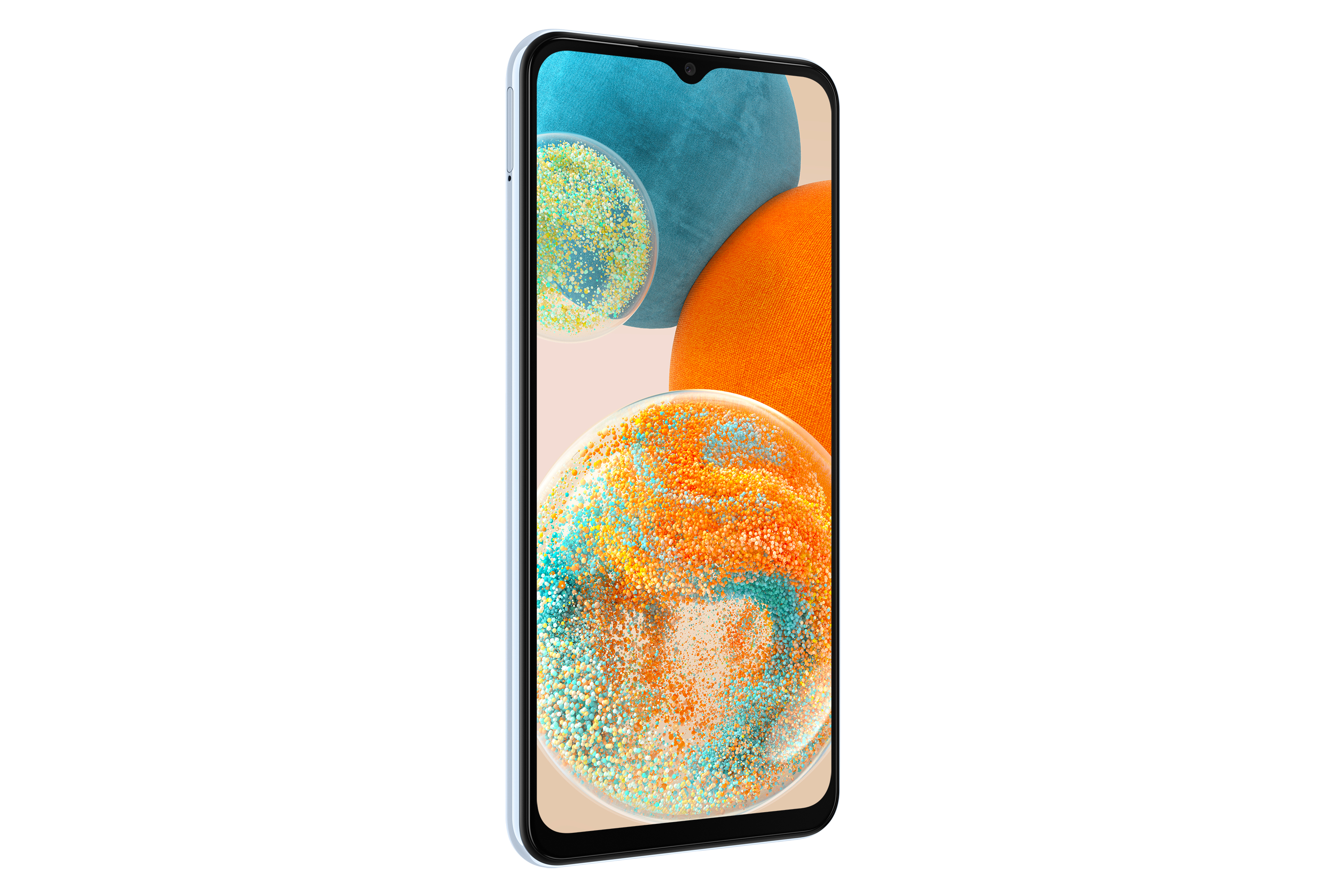 Smartphone, das ein abstraktes Design mit bunten Kugeln auf weißem Hintergrund zeigt.