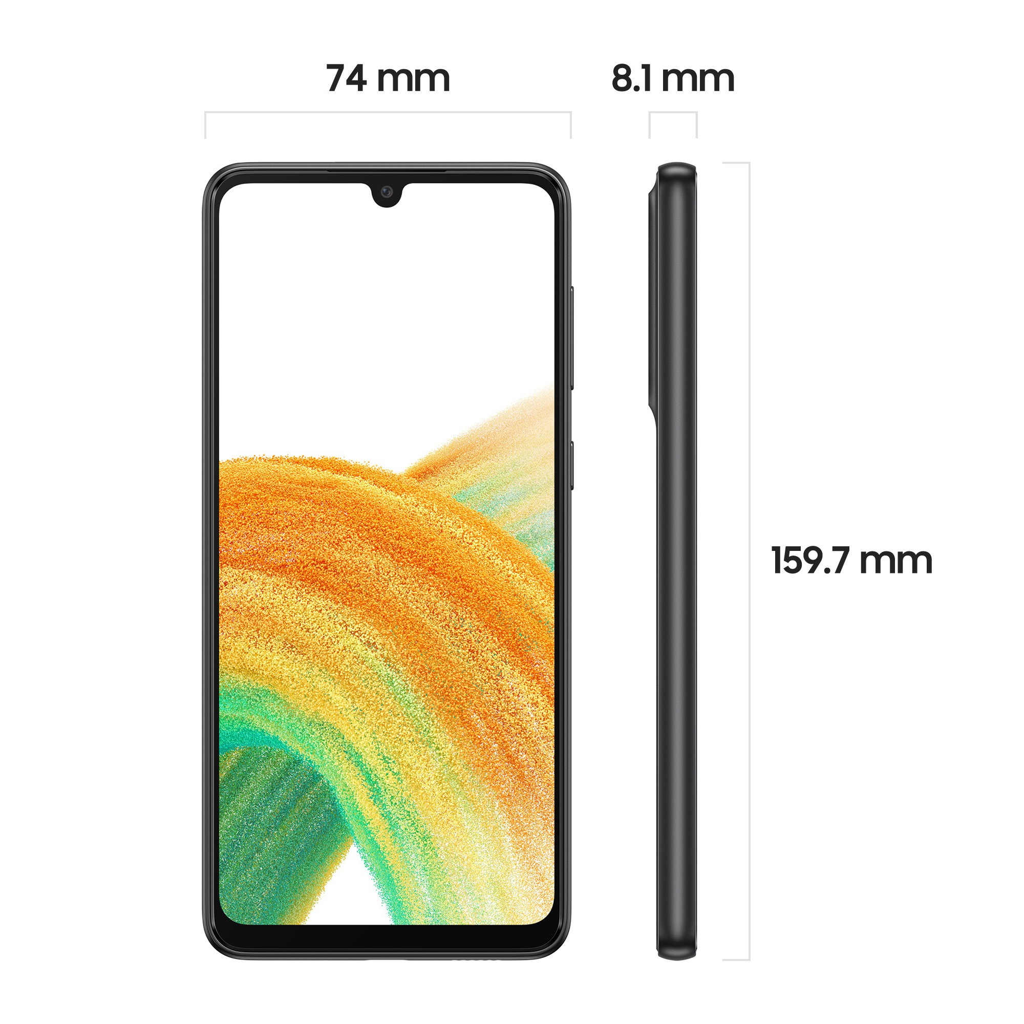 Czarny telefon pokazany z przodu i z boku, z wymiarami. Ekran jest biały.