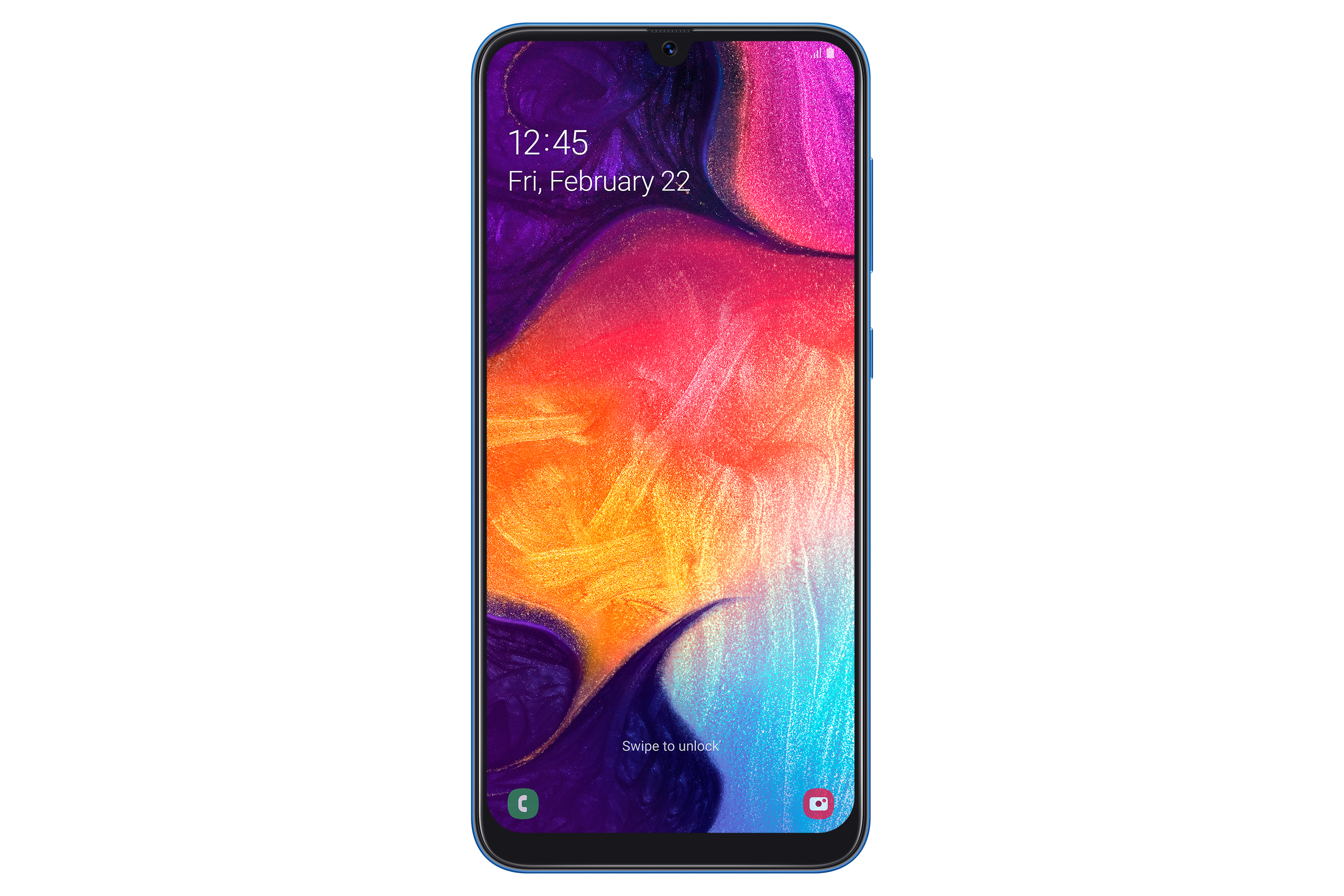 Blaues Samsung-Telefon vorne. Zeigt einen bunten Bildschirm mit Uhrzeit. Weißer Hintergrund.