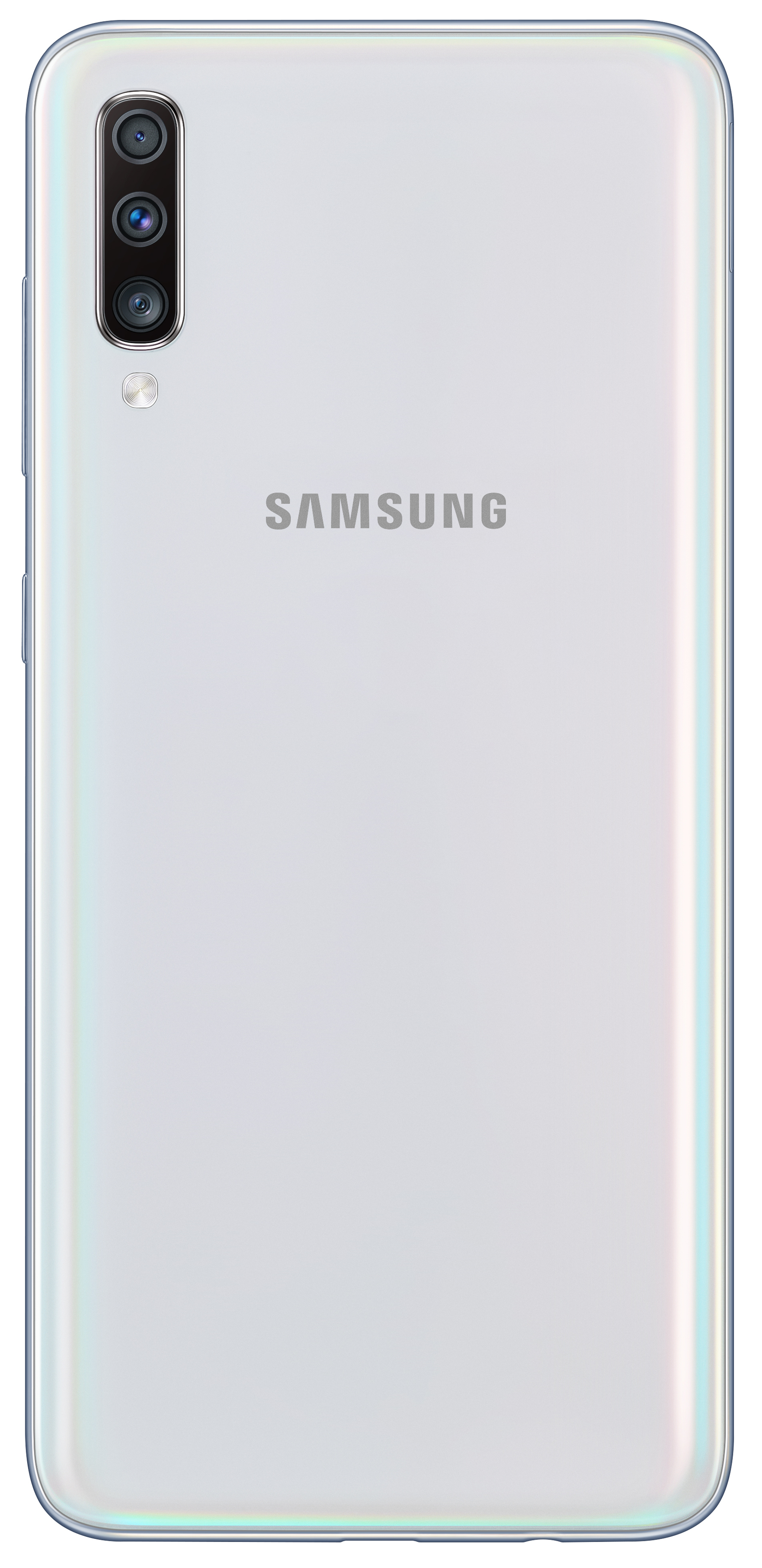 Biały smartfon z trzema aparatami z tyłu. Widoczne logo Samsung.
