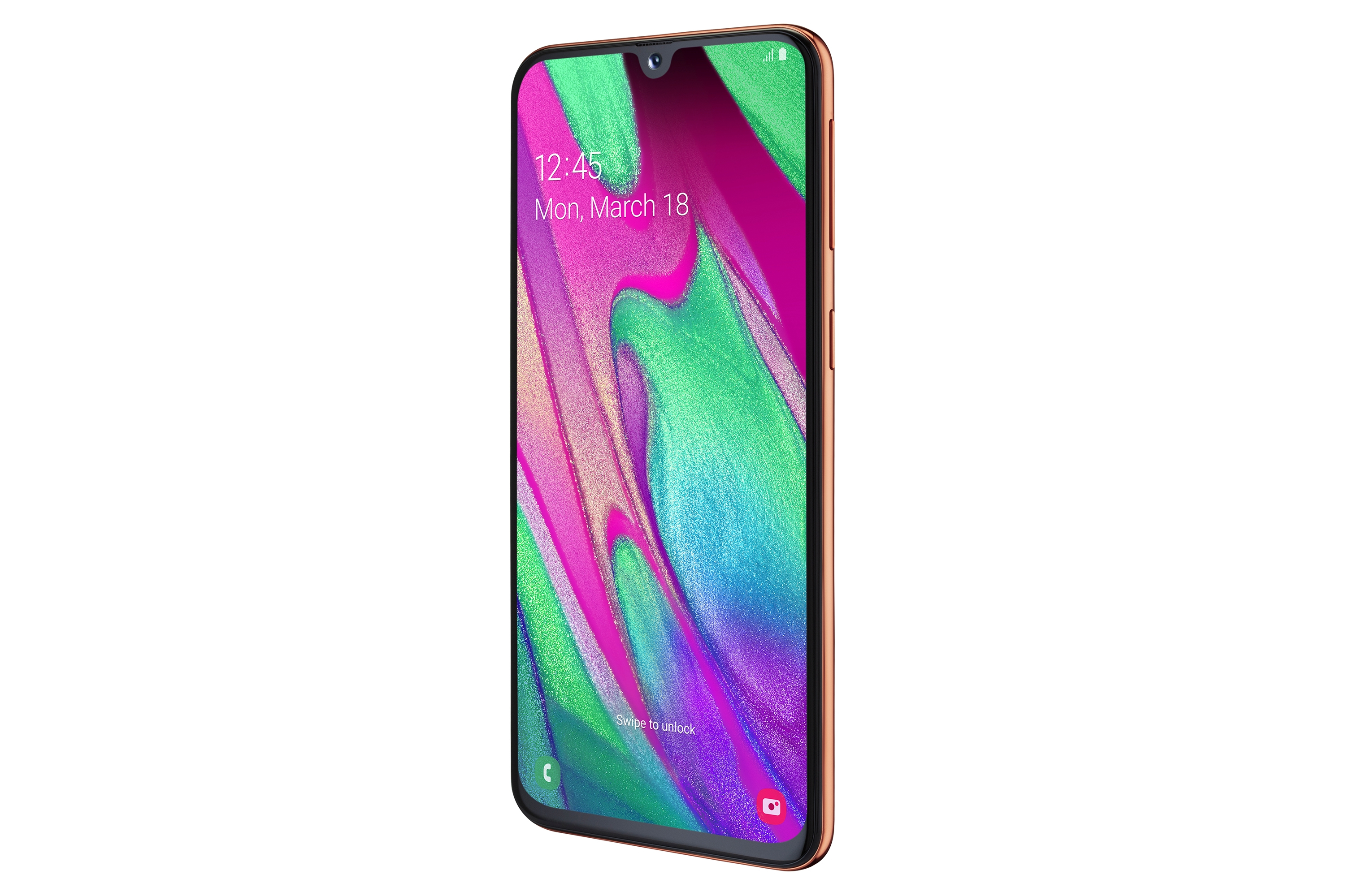 Ein goldenes Smartphone mit gebogenem Bildschirm zeigt ein farbenfrohes, abstraktes Bild.
