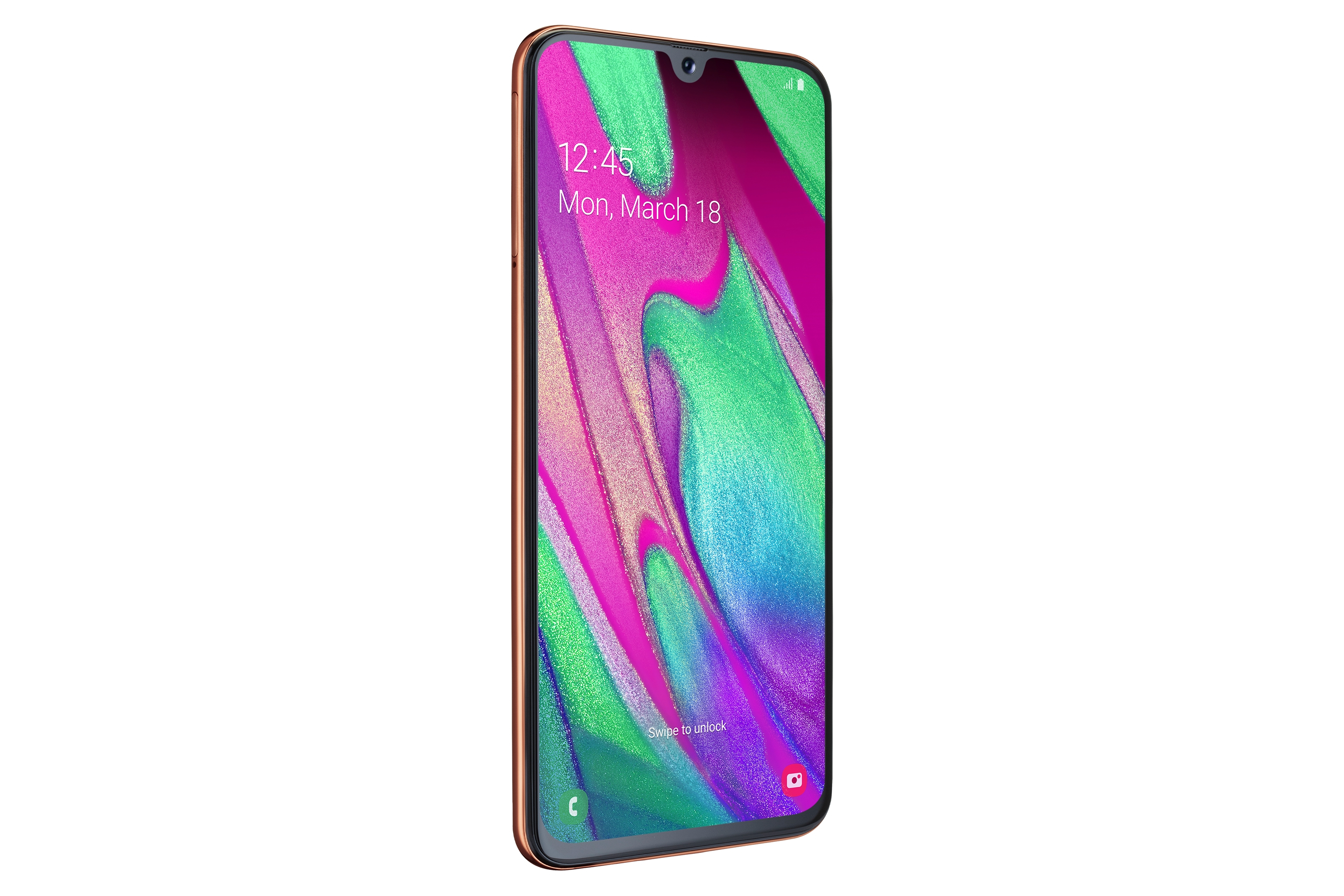 Ein Samsung-Telefon mit gebogenem Rand und einem rosa/grünen abstrakten Design auf dem Bildschirm.