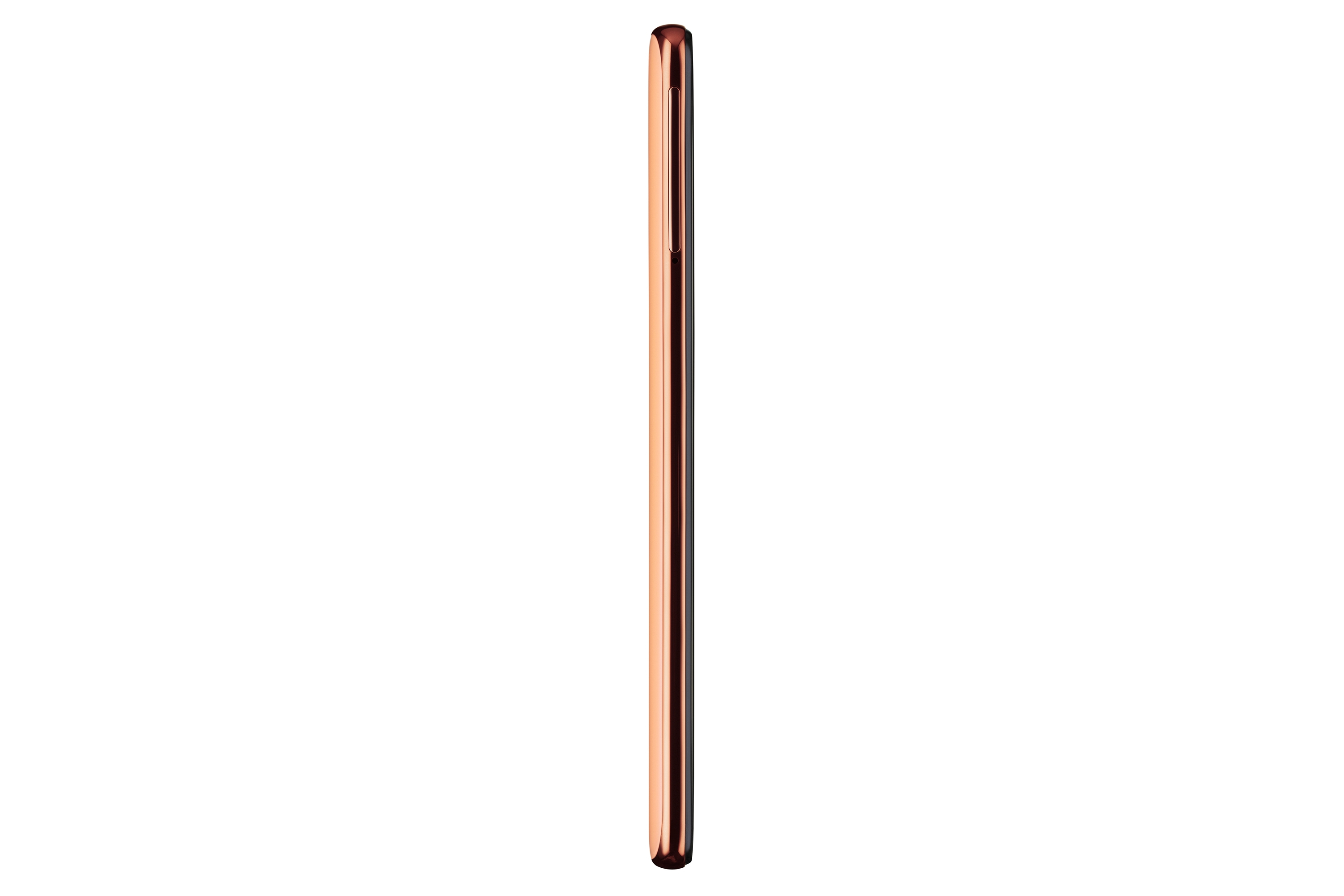 Seitenansicht eines roségoldenen Smartphones, das schlanke Profil zeigend.