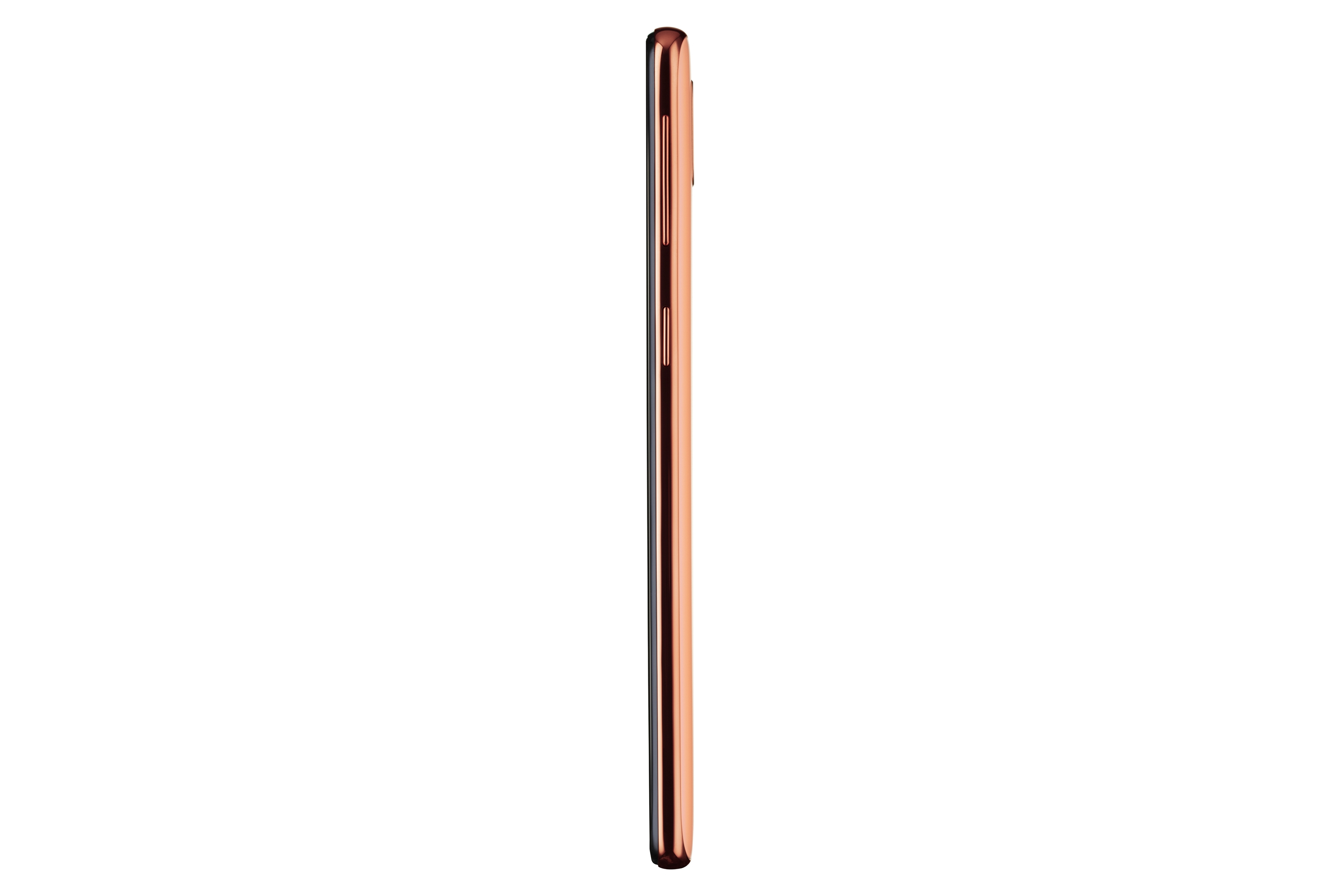 Ein roségoldenes Telefon von der Seite gesehen, das ein schlankes Profil vor weißem Hintergrund zeigt.