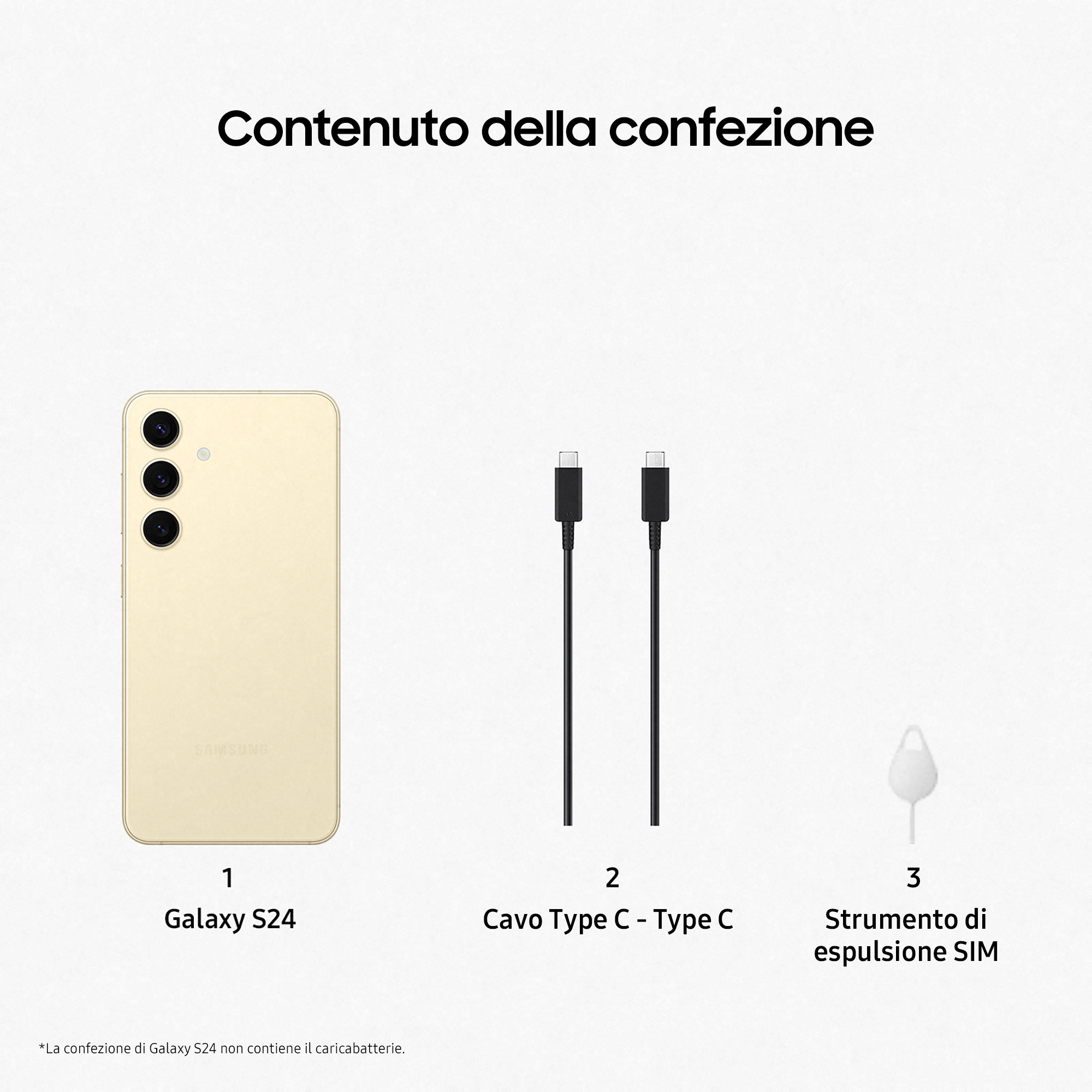 Contenido de la caja: teléfono, dos cables y herramienta de expulsión SIM, todo en blanco.