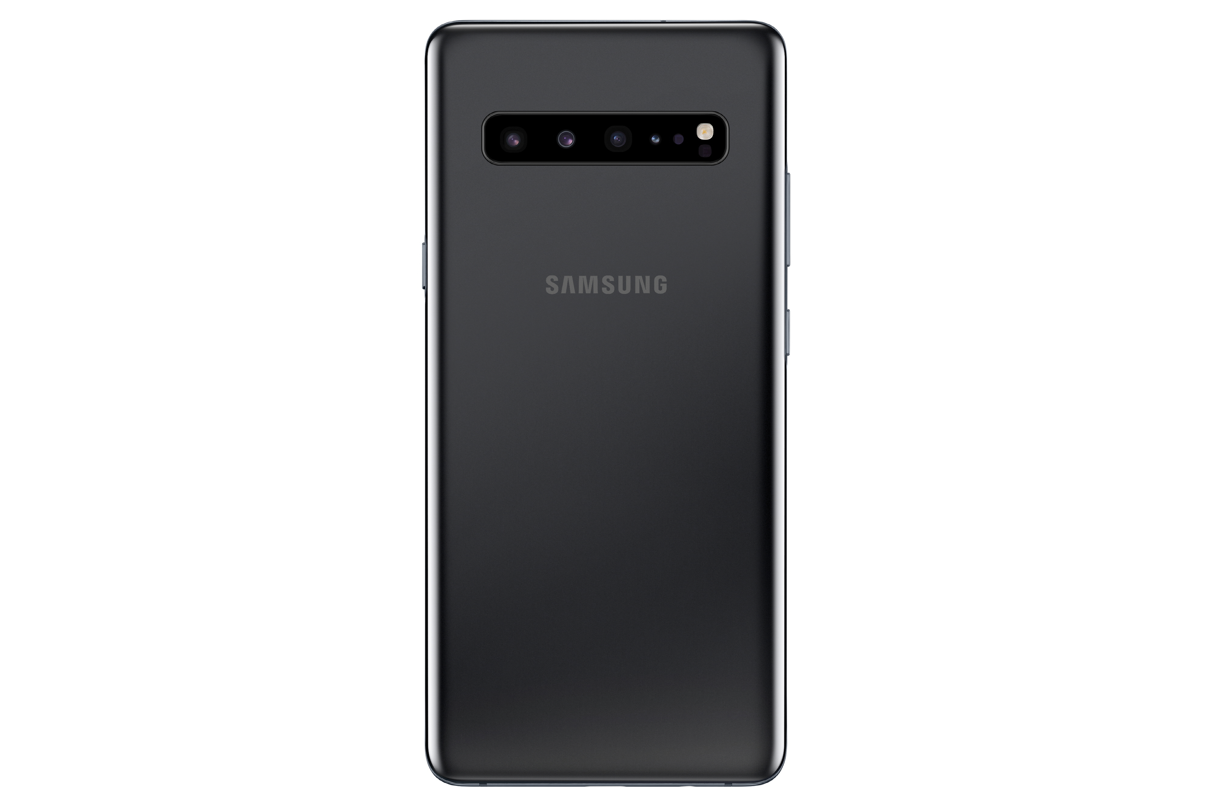 Schwarzes Smartphone-Rückansicht. Verfügt über mehrere Kameras und das Samsung-Logo. Das Telefon ist schwarz.