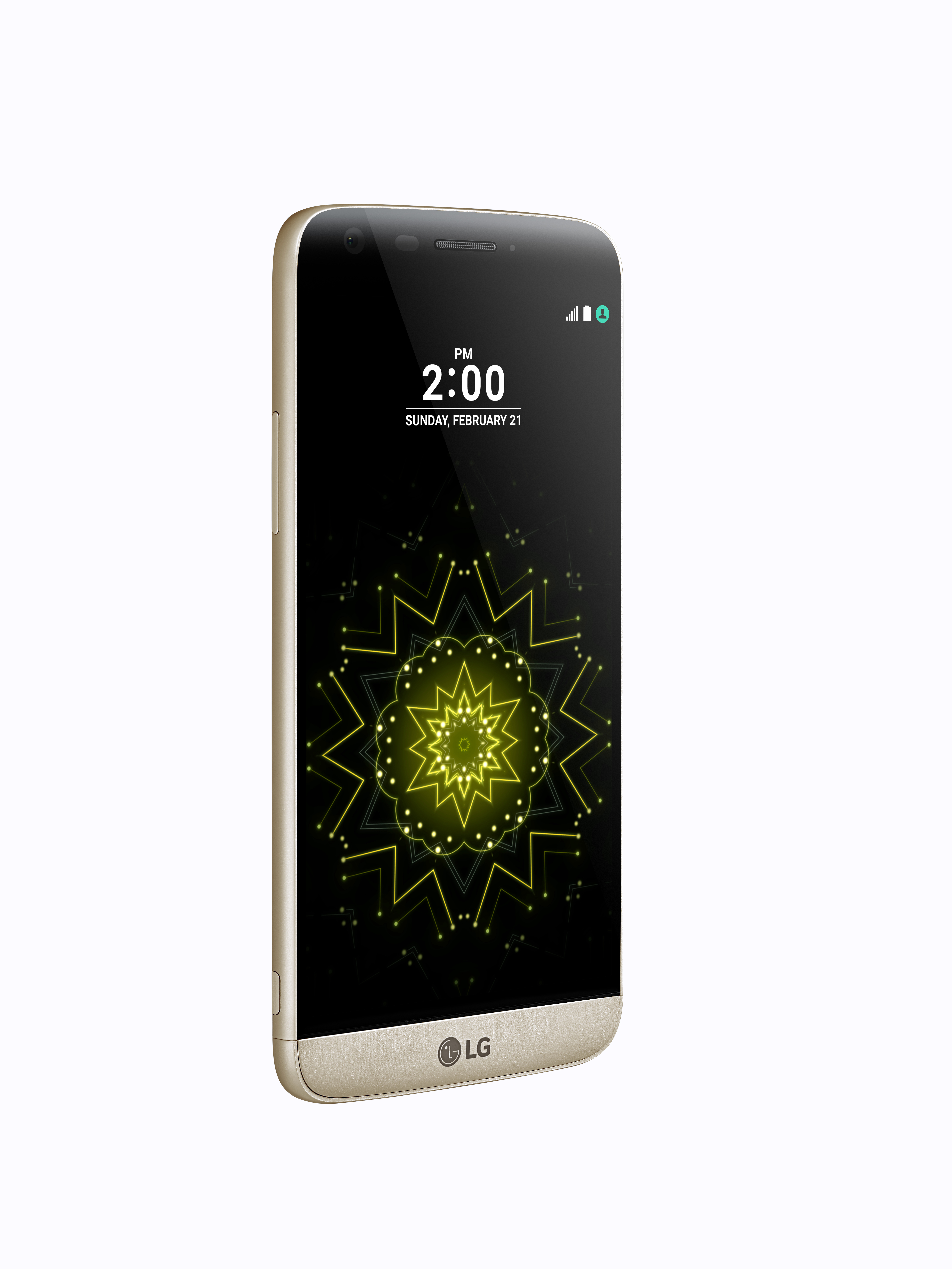 Uno smartphone dorato con schermo nero che mostra l'ora, su sfondo bianco. Il telefono è angolato.