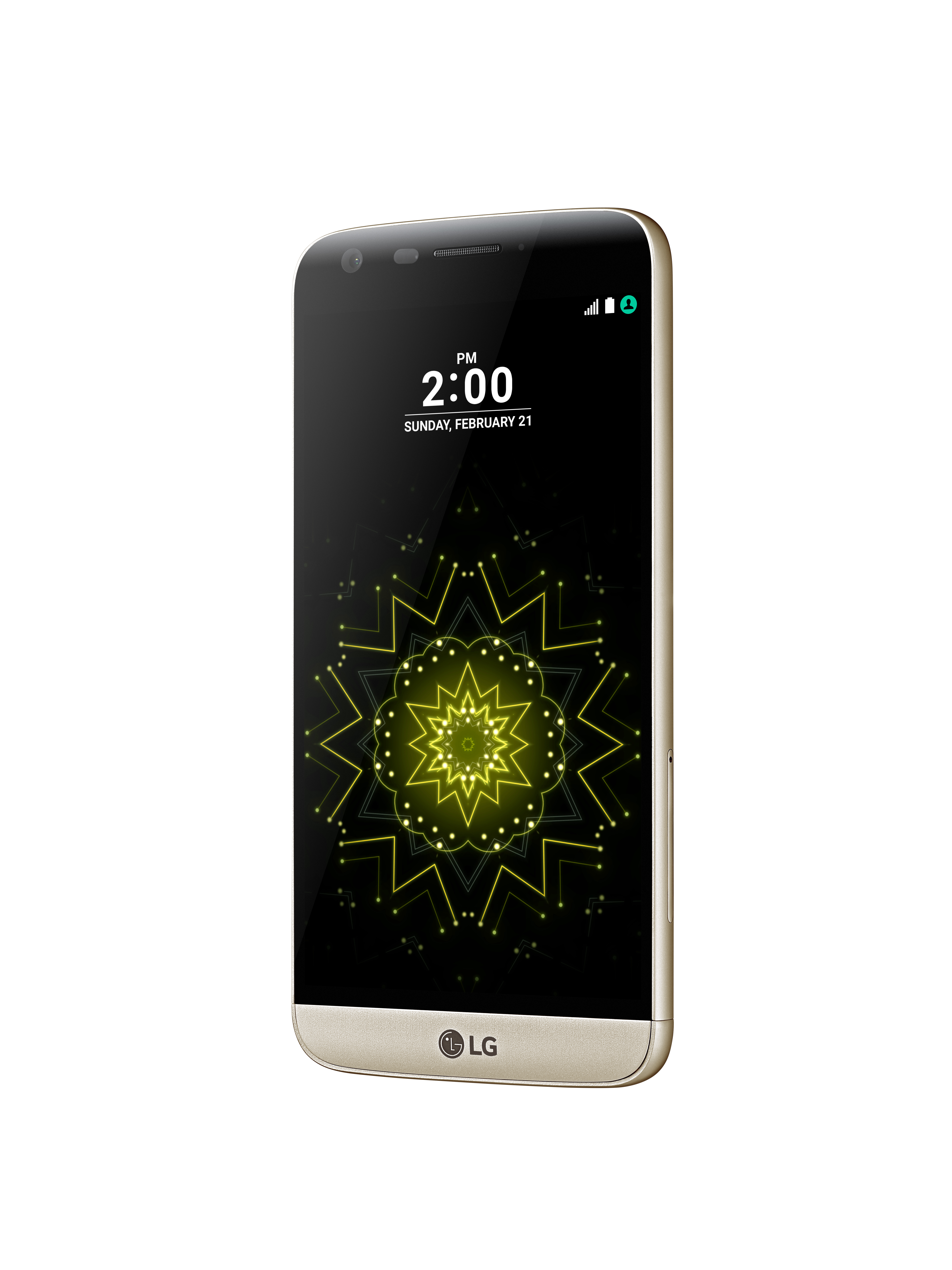 Smartphone LG dorato che mostra ora, data e un design a forma di stella su schermo nero.