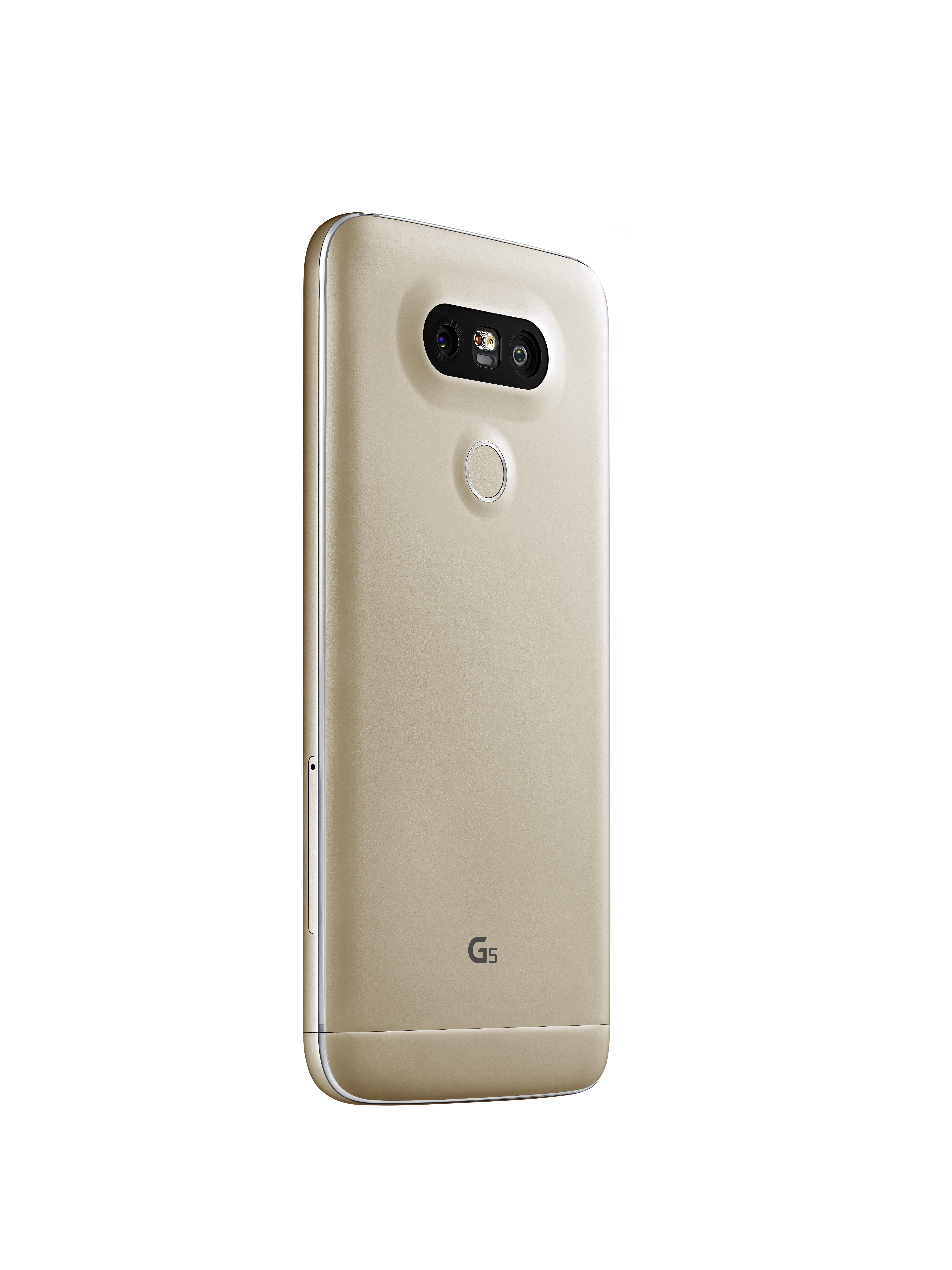 Smartphone dorato, vista posteriore, con doppia fotocamera e sensore di impronte digitali.