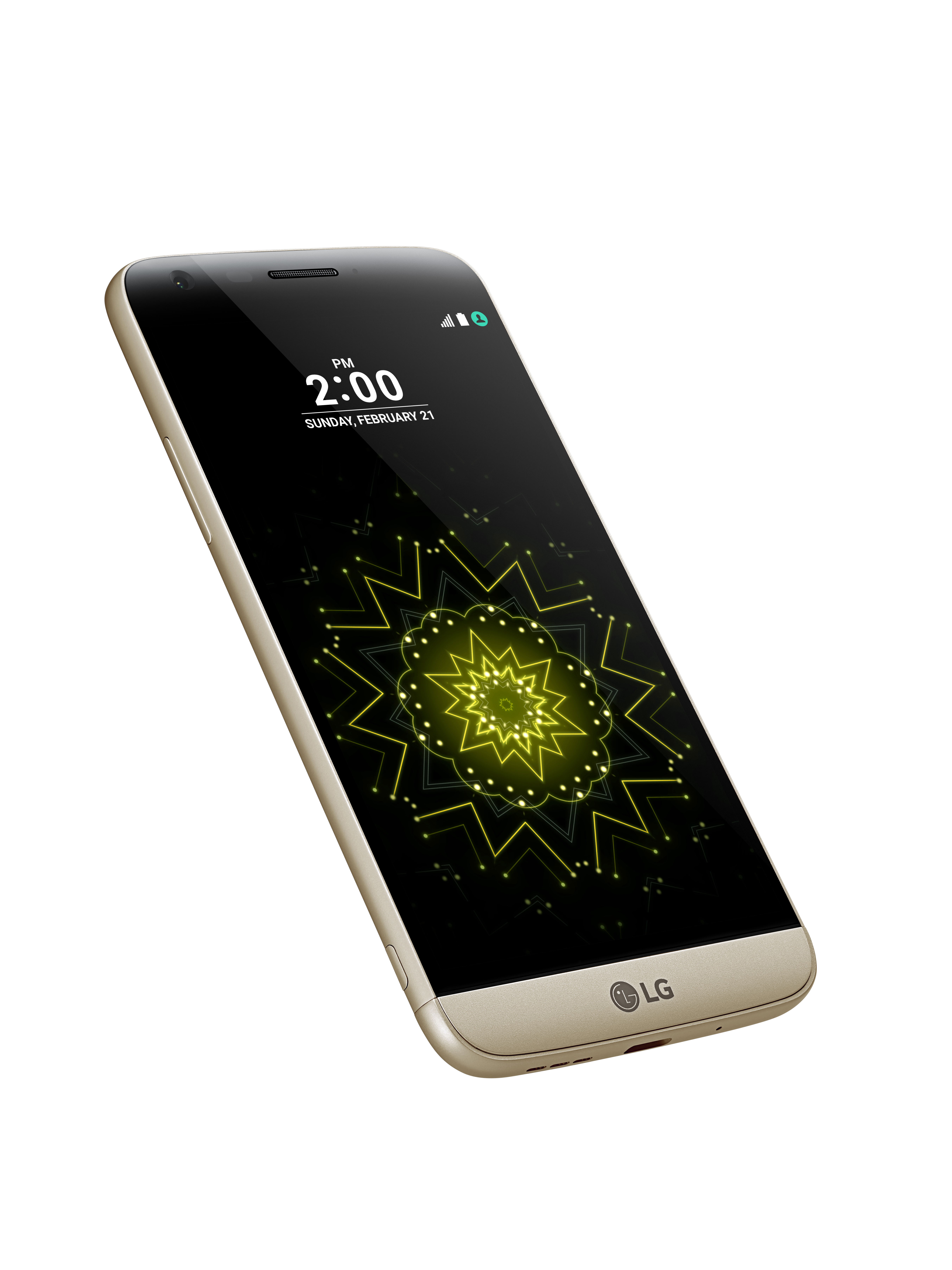 Smartphone oro e nero con display dell'ora. Lo schermo ha un design vibrante e il logo LG. Angolo obliquo.