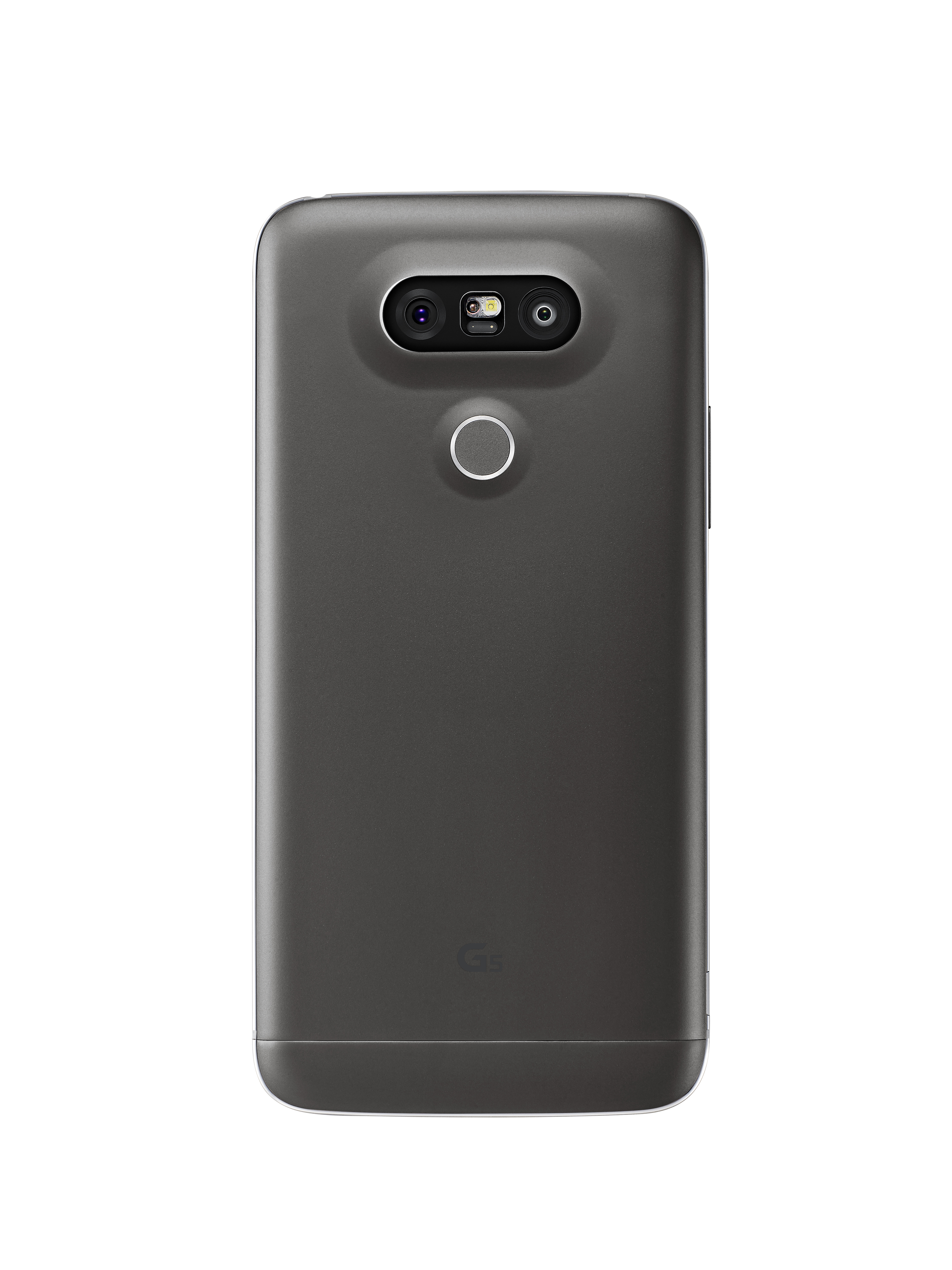 Dunkelgraue Telefonrückseite. Mit Kamera und Fingerabdrucksensor. Der Hintergrund ist weiß.