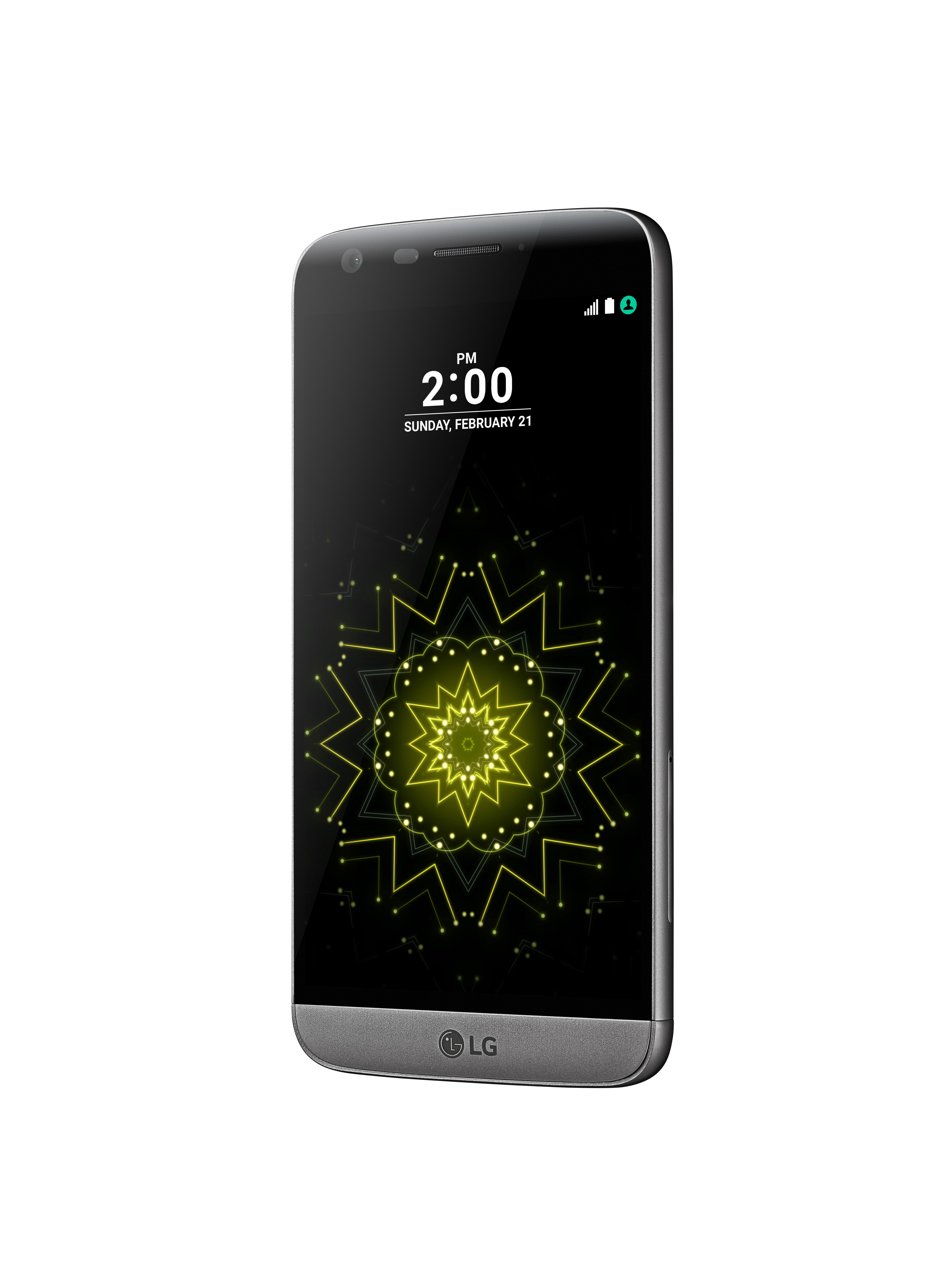 LG-Telefon in Perspektive. Zeit und Datum werden angezeigt. Schwarzer Bildschirm. Weißer Hintergrund.