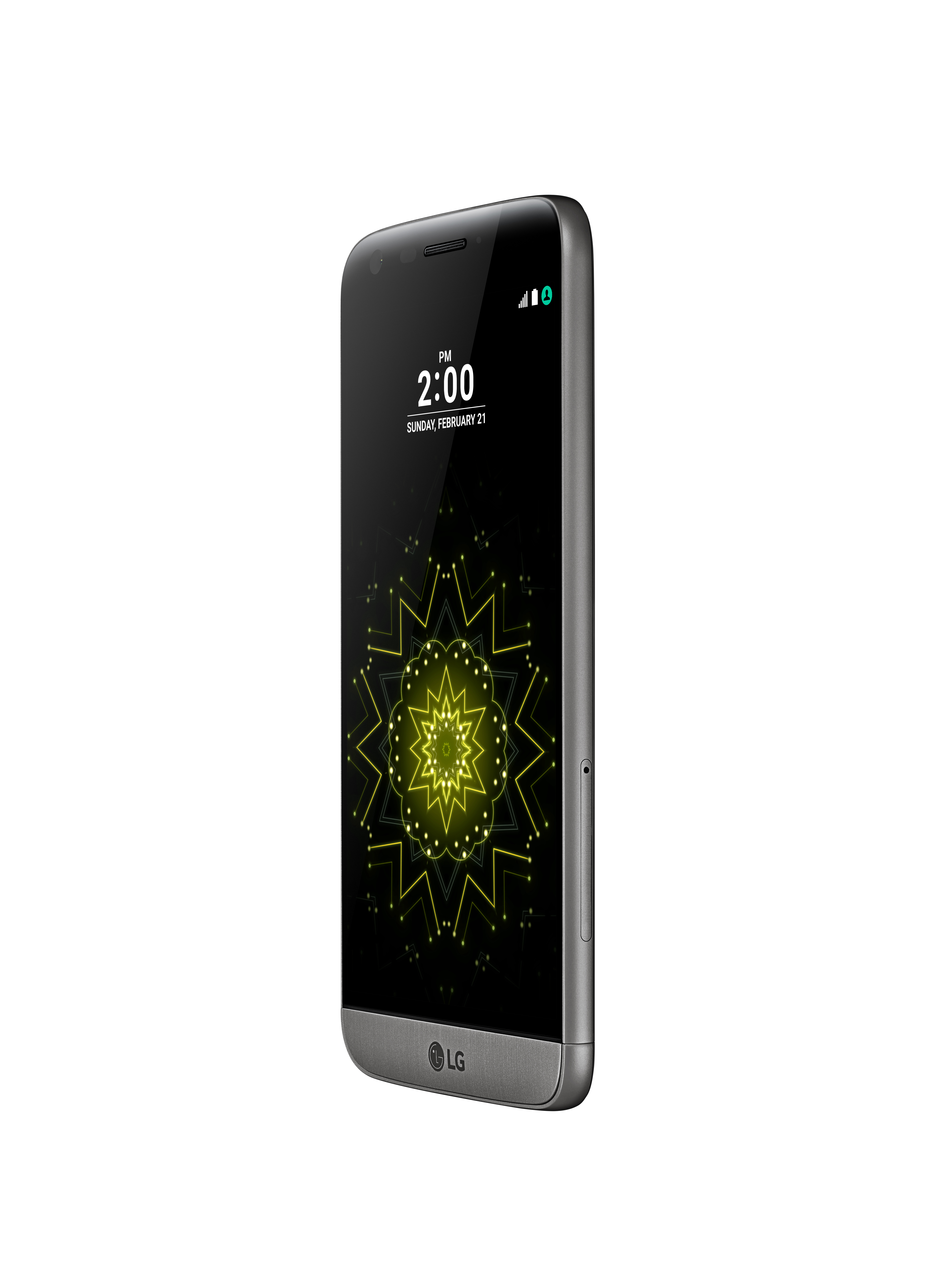 LG-Telefon in Silber, Seitenansicht mit der Uhrzeit auf dem Bildschirm.