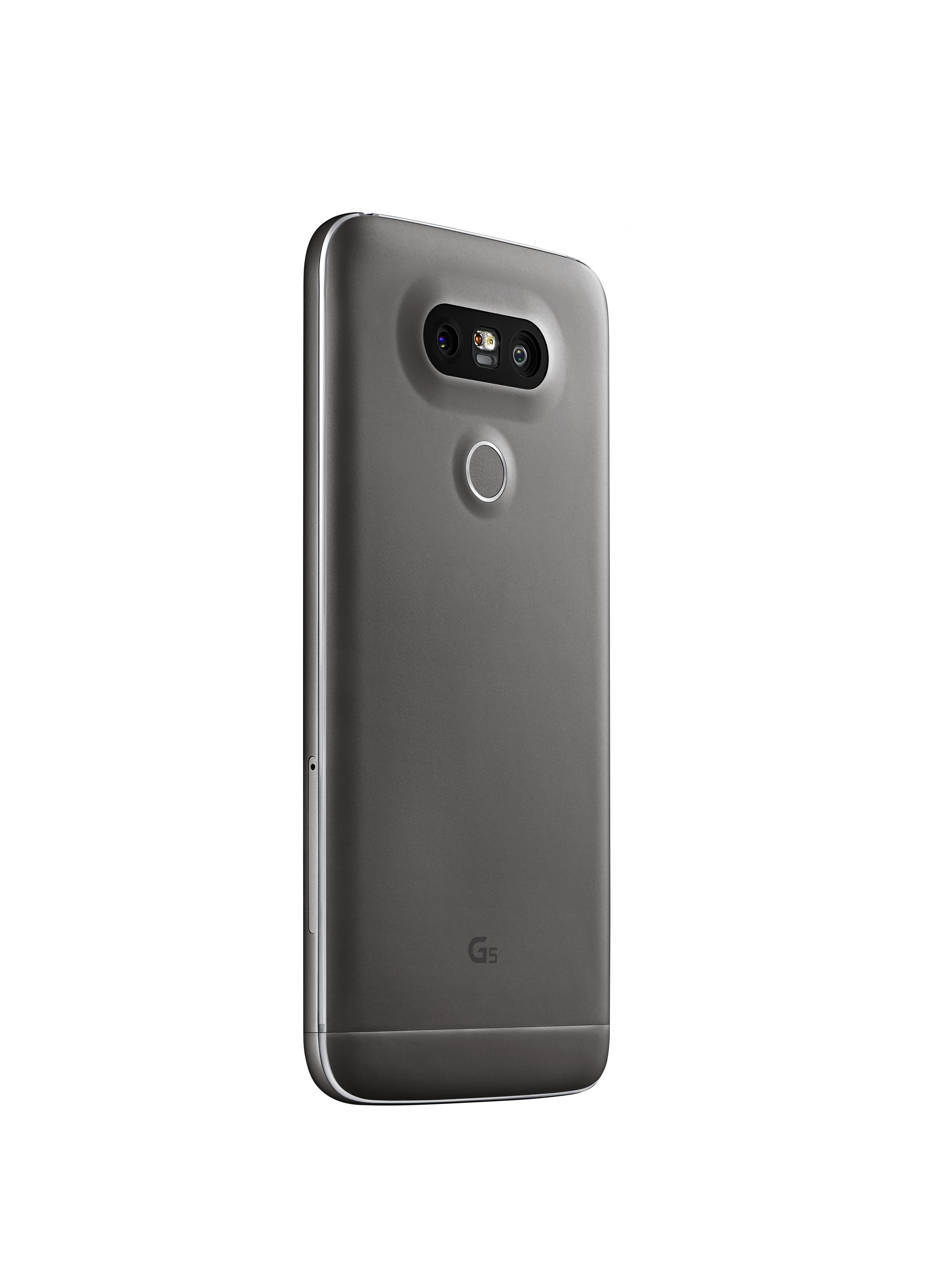 Graue LG G5 Telefonrückansicht. Kamera, Fingerabdrucksensor und Logo sichtbar.