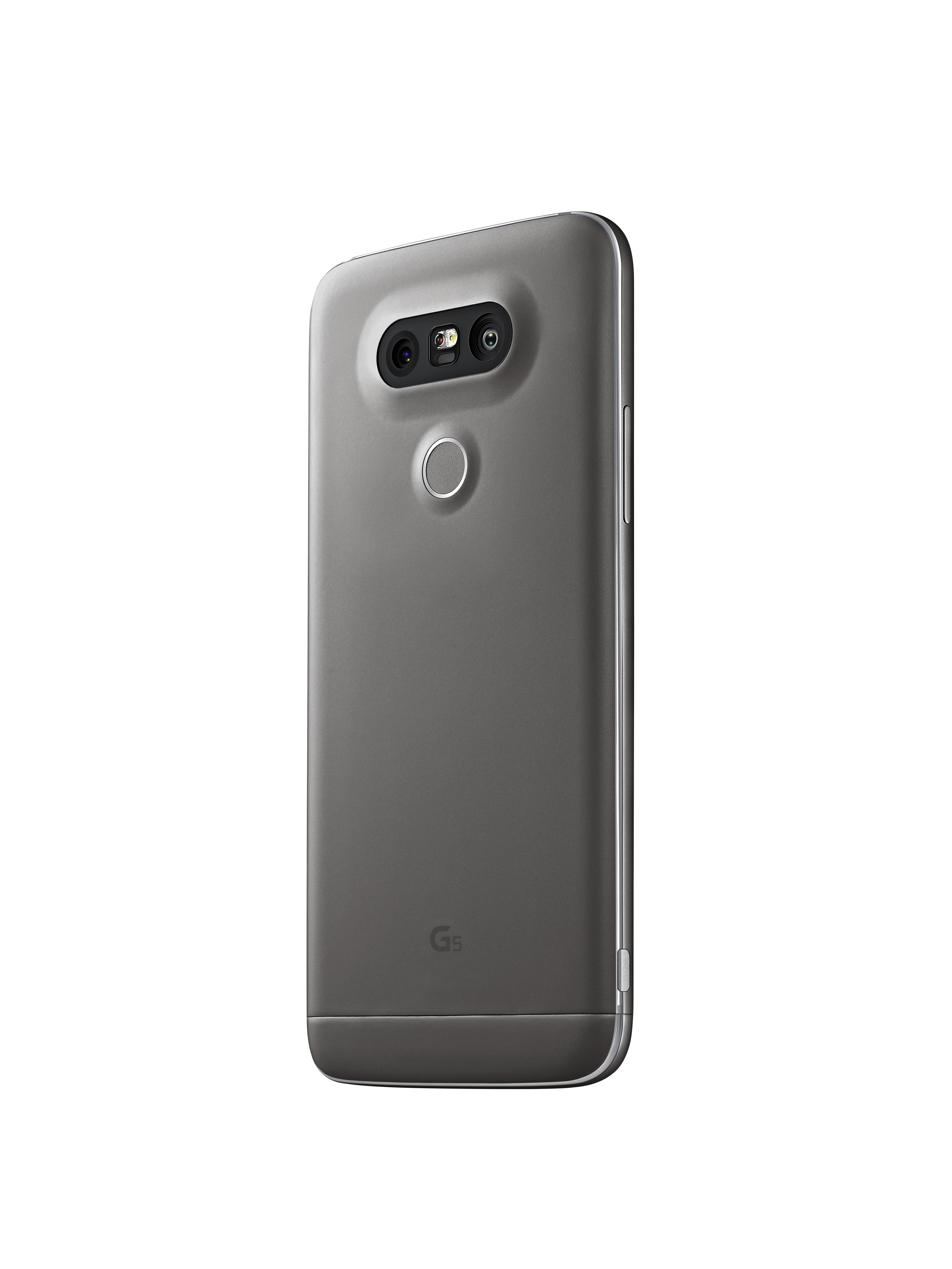 Rückansicht eines grauen LG G5 Telefons, mit Kamera, Fingerabdrucksensor und G5-Logo.