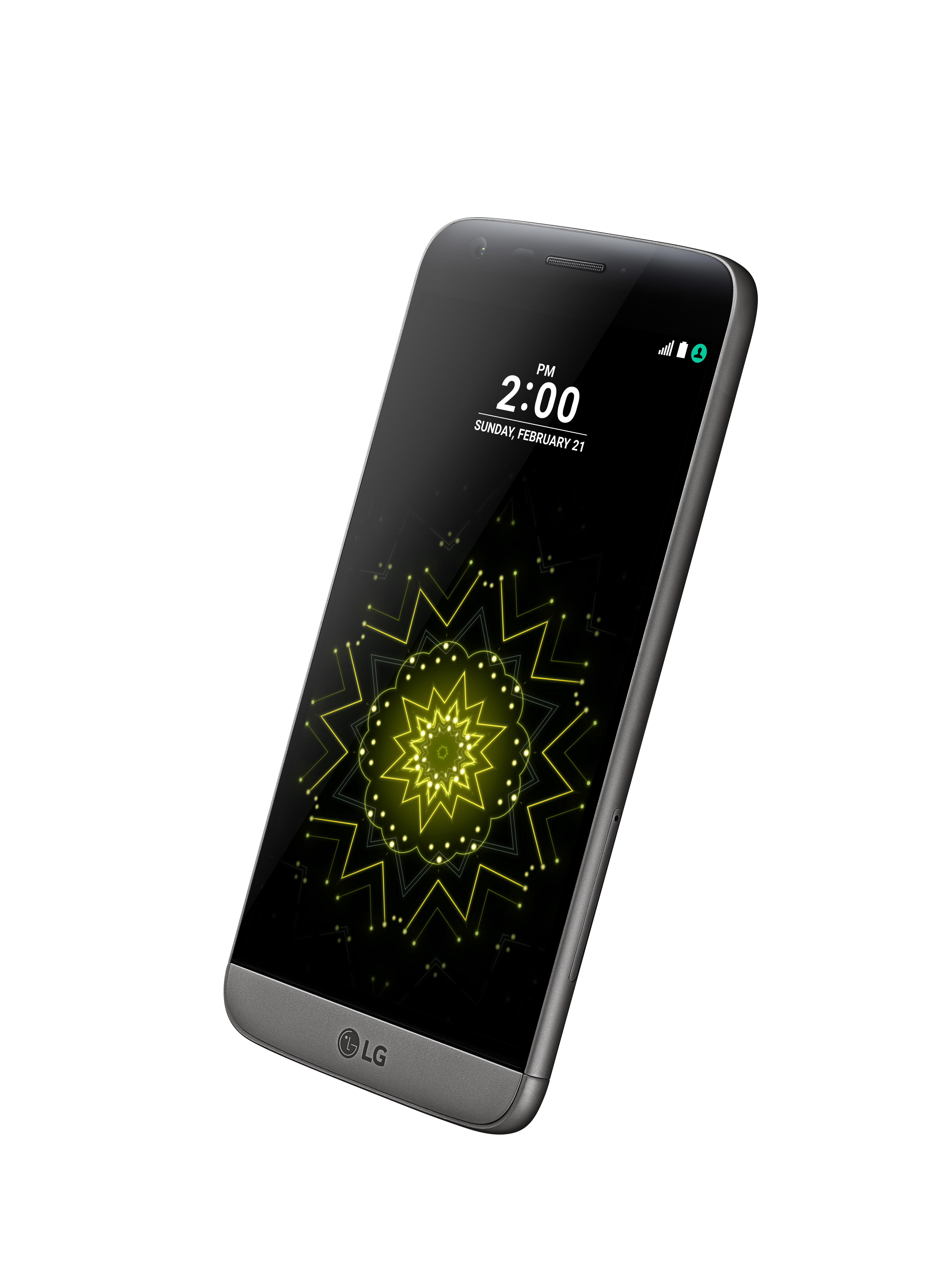 Telefon mit Uhrzeit und geometrischem Muster auf dem Bildschirm.