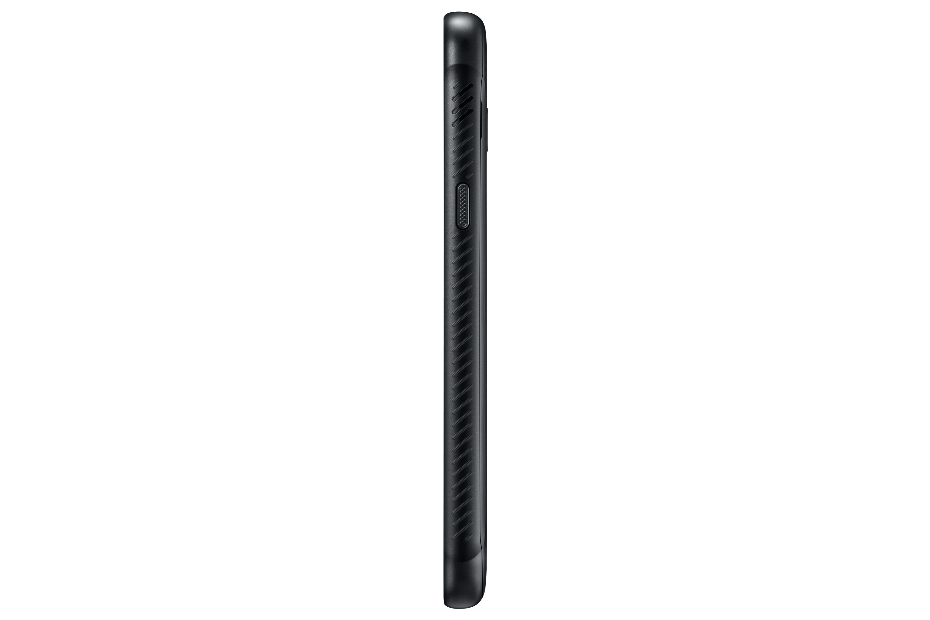Vista laterale smartphone nero. Lato nero strutturato. Sfondo bianco.