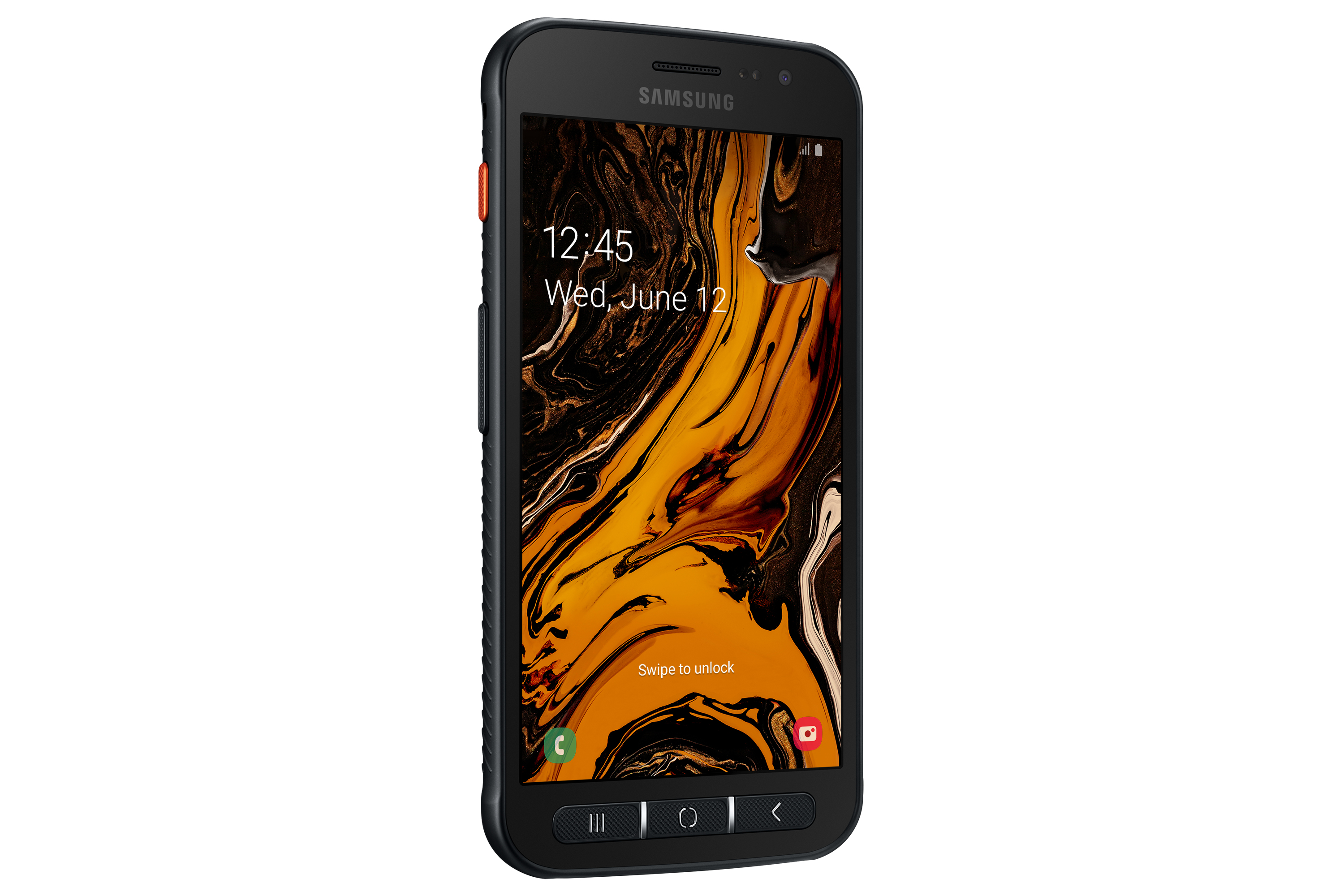 Telefono nero con un design arancione sullo schermo. Il telefono ha un design robusto ed è su una superficie bianca.