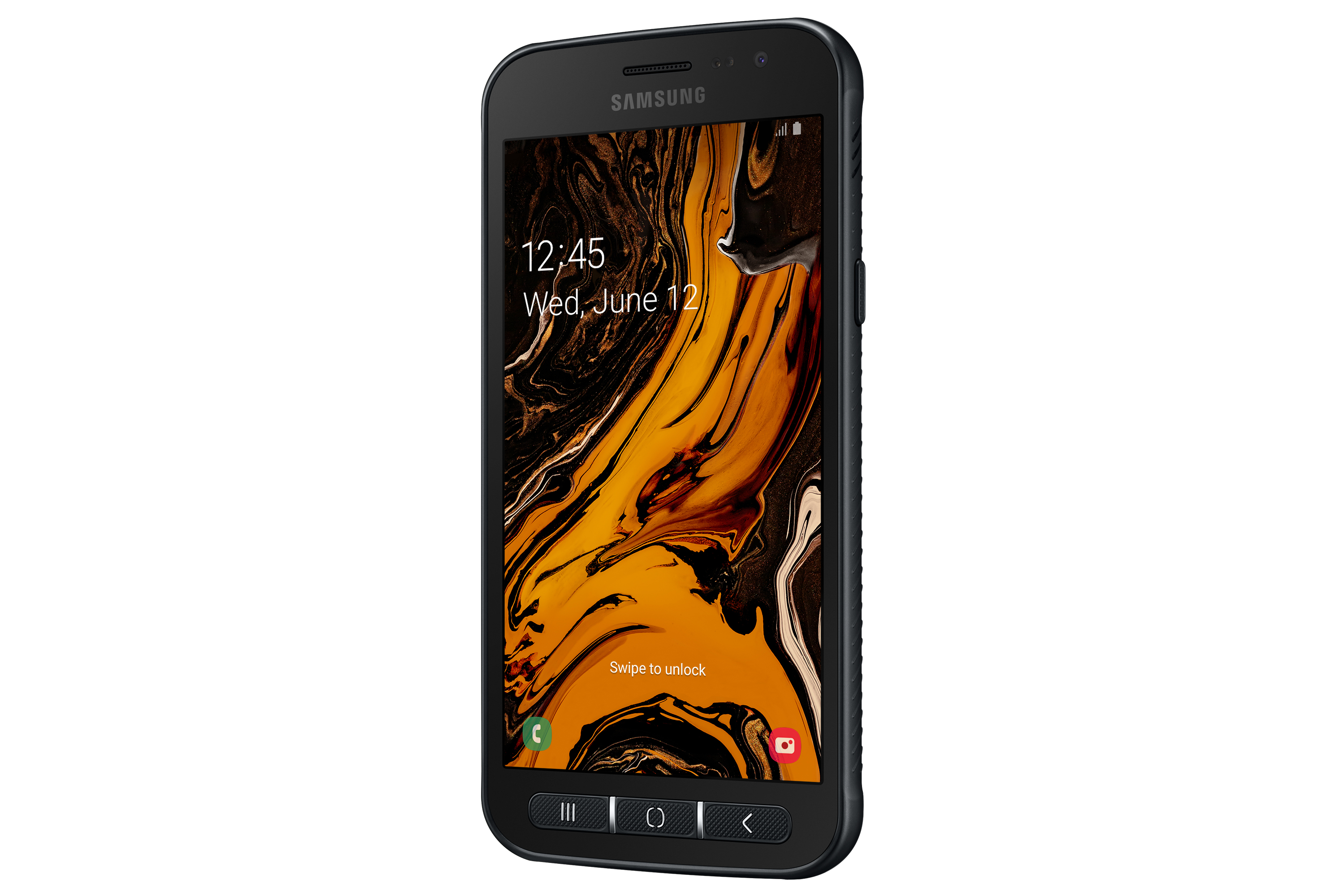 Telefono nero robusto con motivo giallo e marrone sullo schermo.