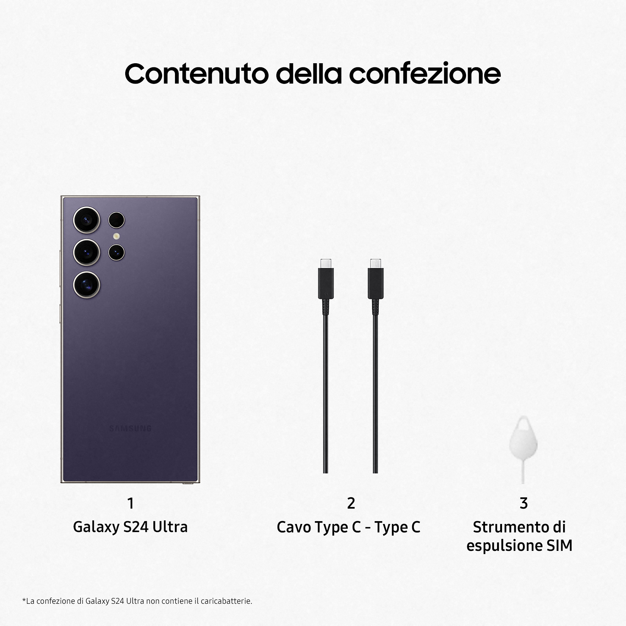 Image montre un téléphone Galaxy S24 Ultra, des câbles de charge et un outil d'éjection SIM, texte en italien.