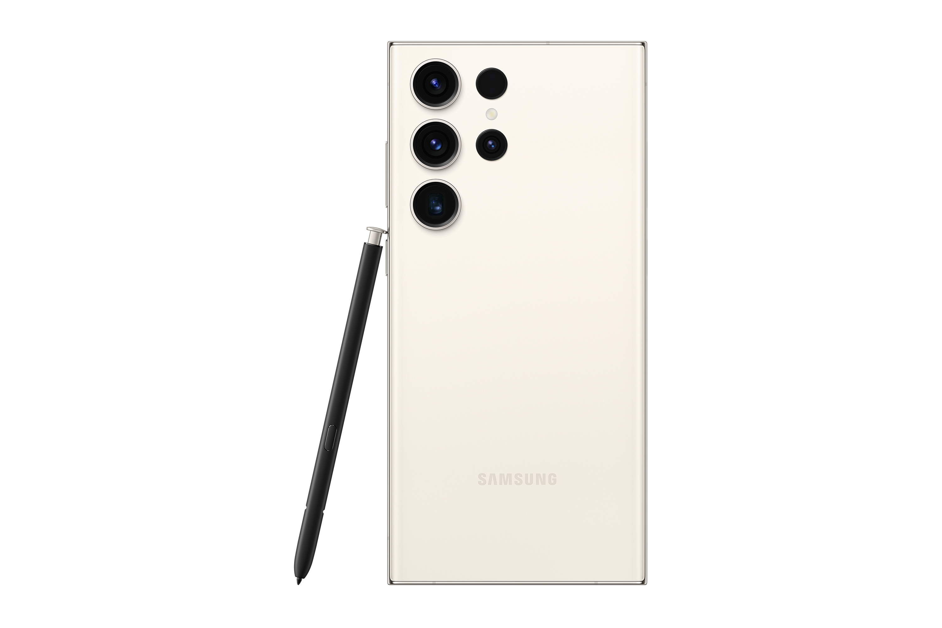 Witte Samsung telefoon, achteraanzicht met camera's en stylus, Samsung logo.
