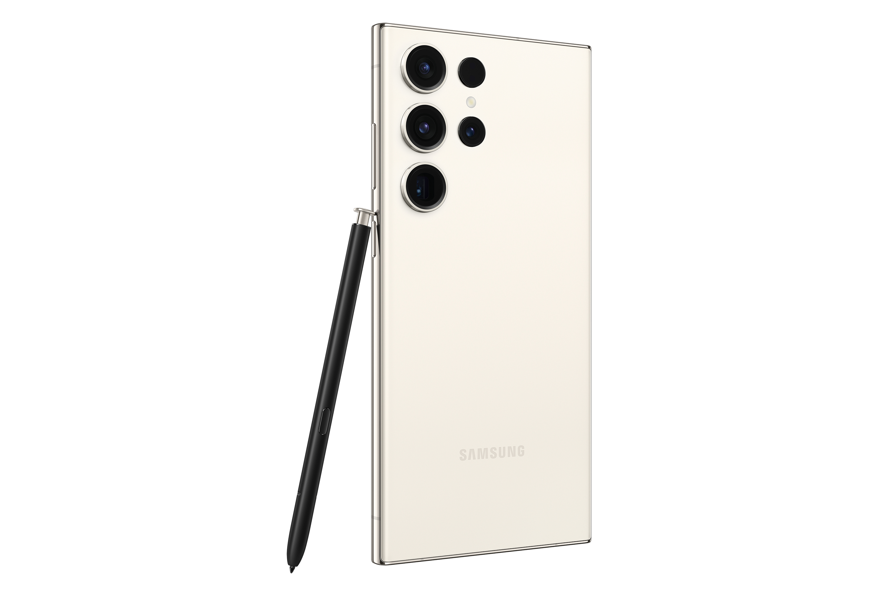 Crèmekleurige telefoon met meerdere camera's, een stylus en Samsung-branding.