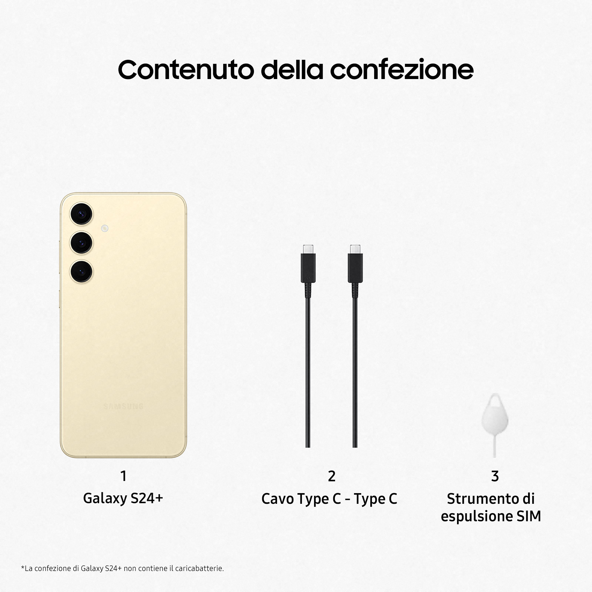 Samsung Galaxy S24+ i akcesoria na białej powierzchni, w tym kabel i wysuwacz SIM. Oznaczone.