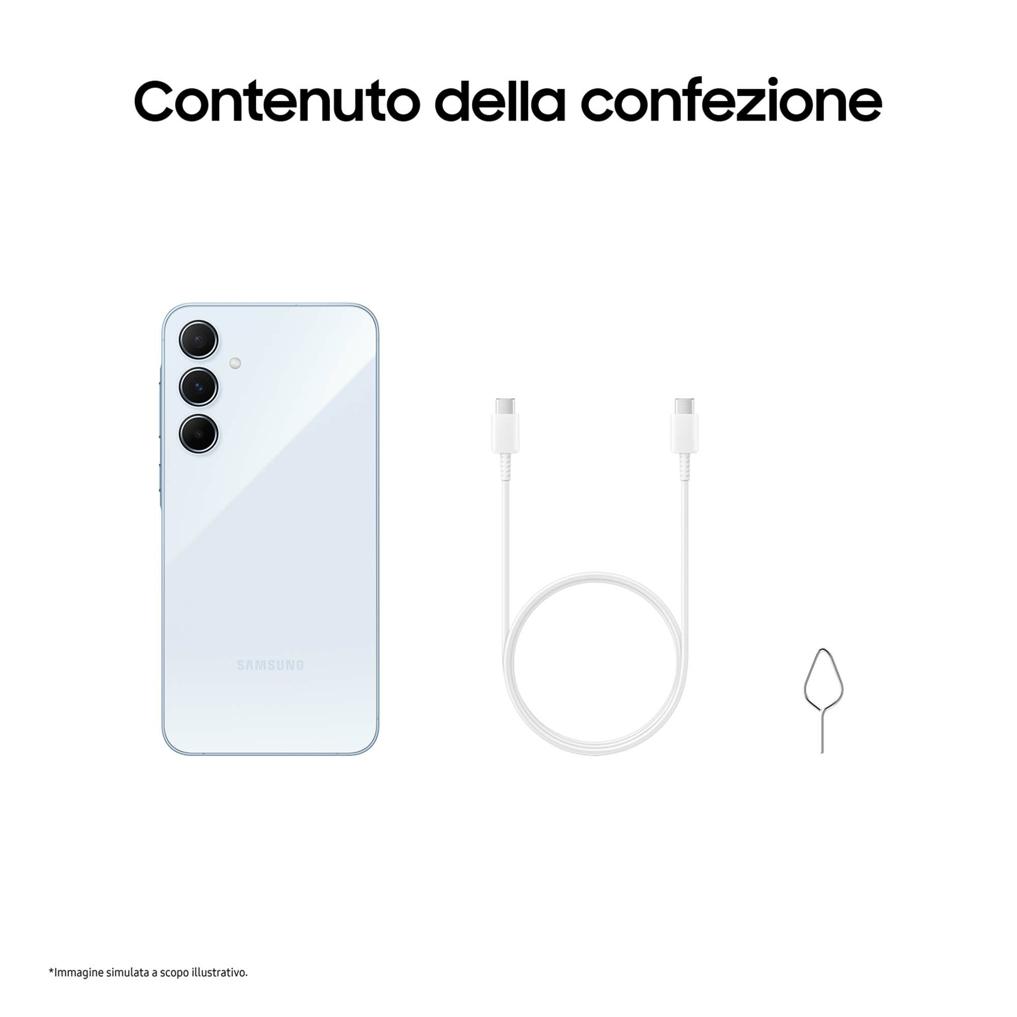 Telefono, cavo di ricarica, strumento di espulsione SIM su sfondo bianco con testo.